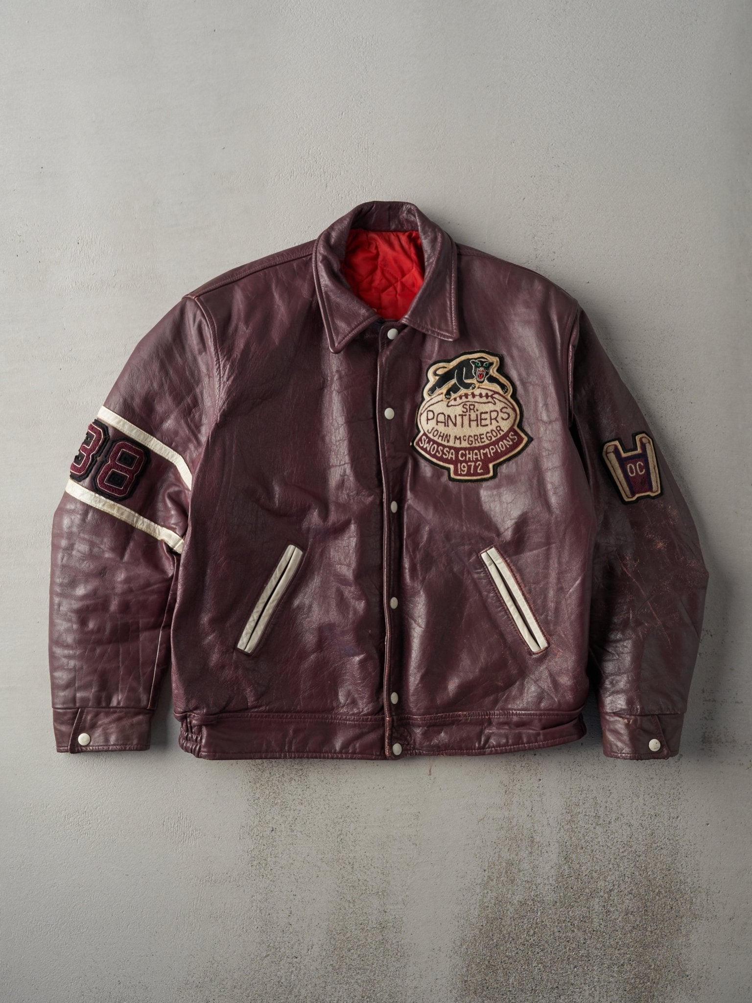Vintage 72' Burgundy John McGregor Panthers Leather Varsity Jacket (L)