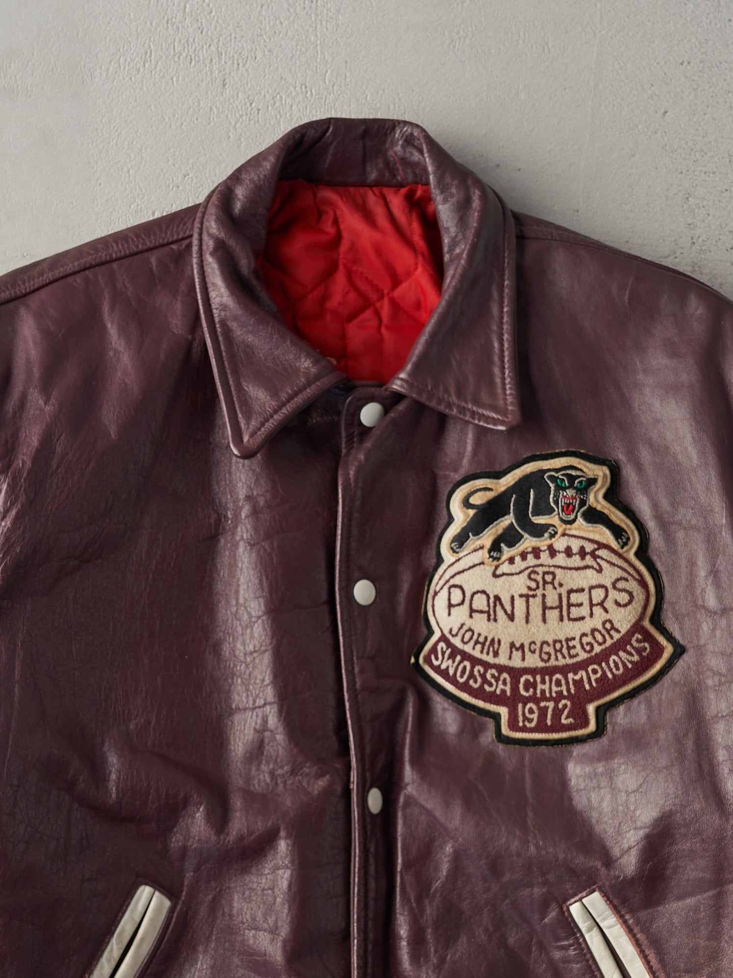 Vintage 72' Burgundy John McGregor Panthers Leather Varsity Jacket (L)