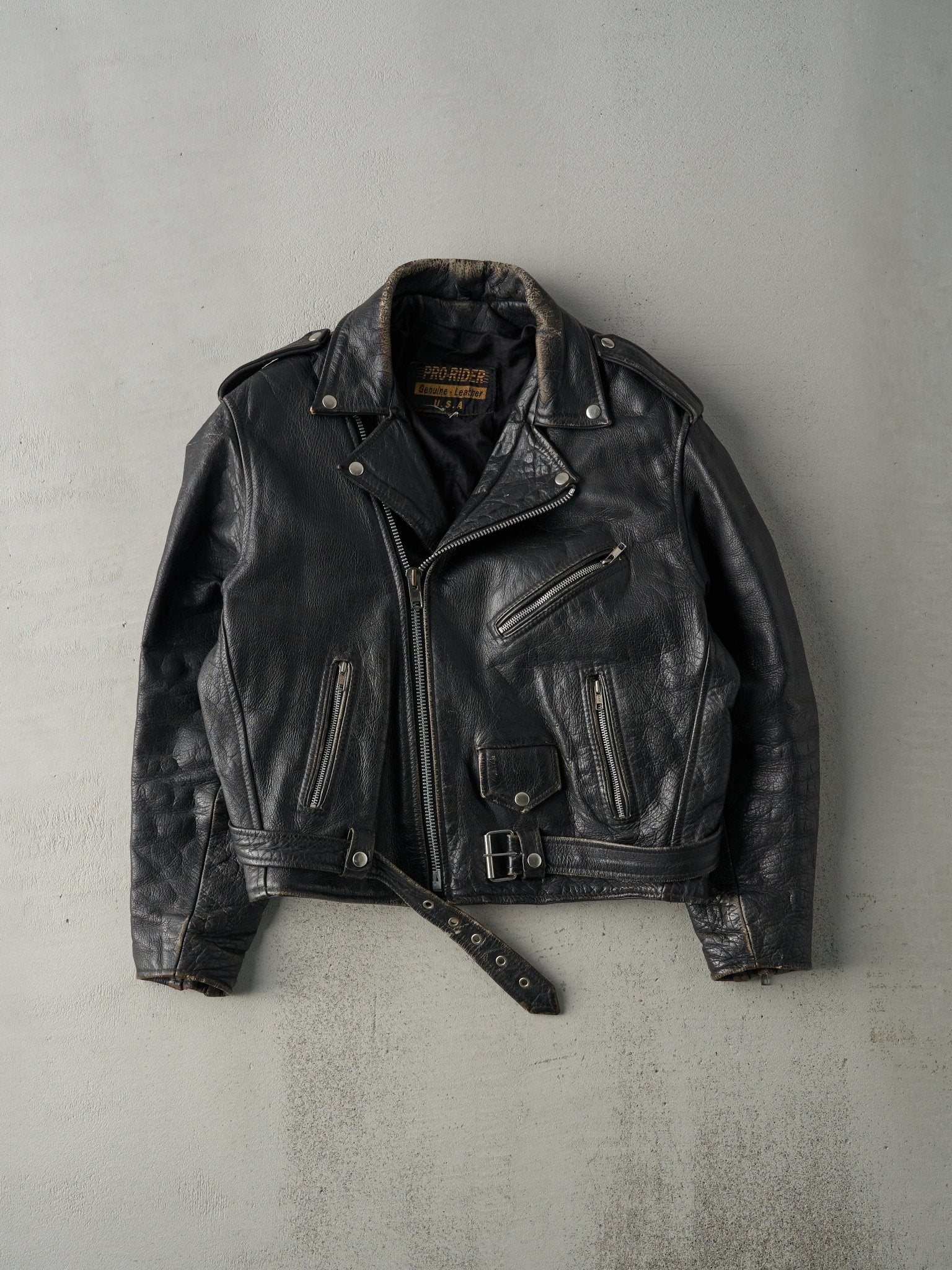 Vintage 70s Black Leather Pro-Rider USA Biker Jacket (M)