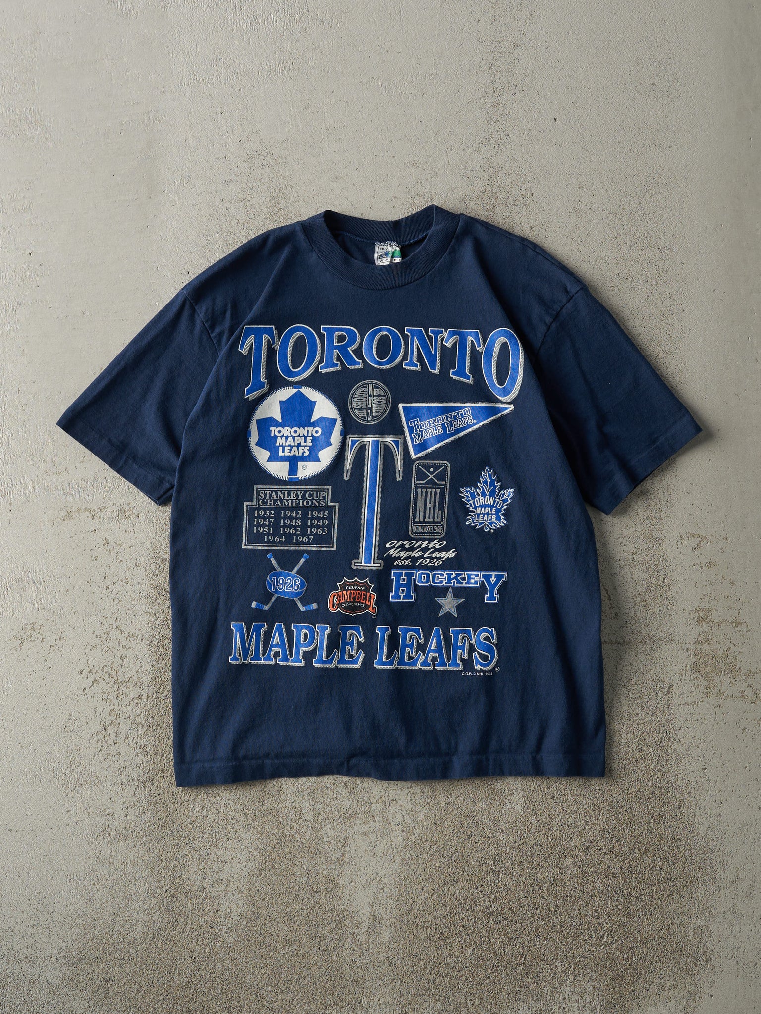 Vintage 93' Navy Blue Toronto Maple Leafs Stanley Cup History Tee (S)