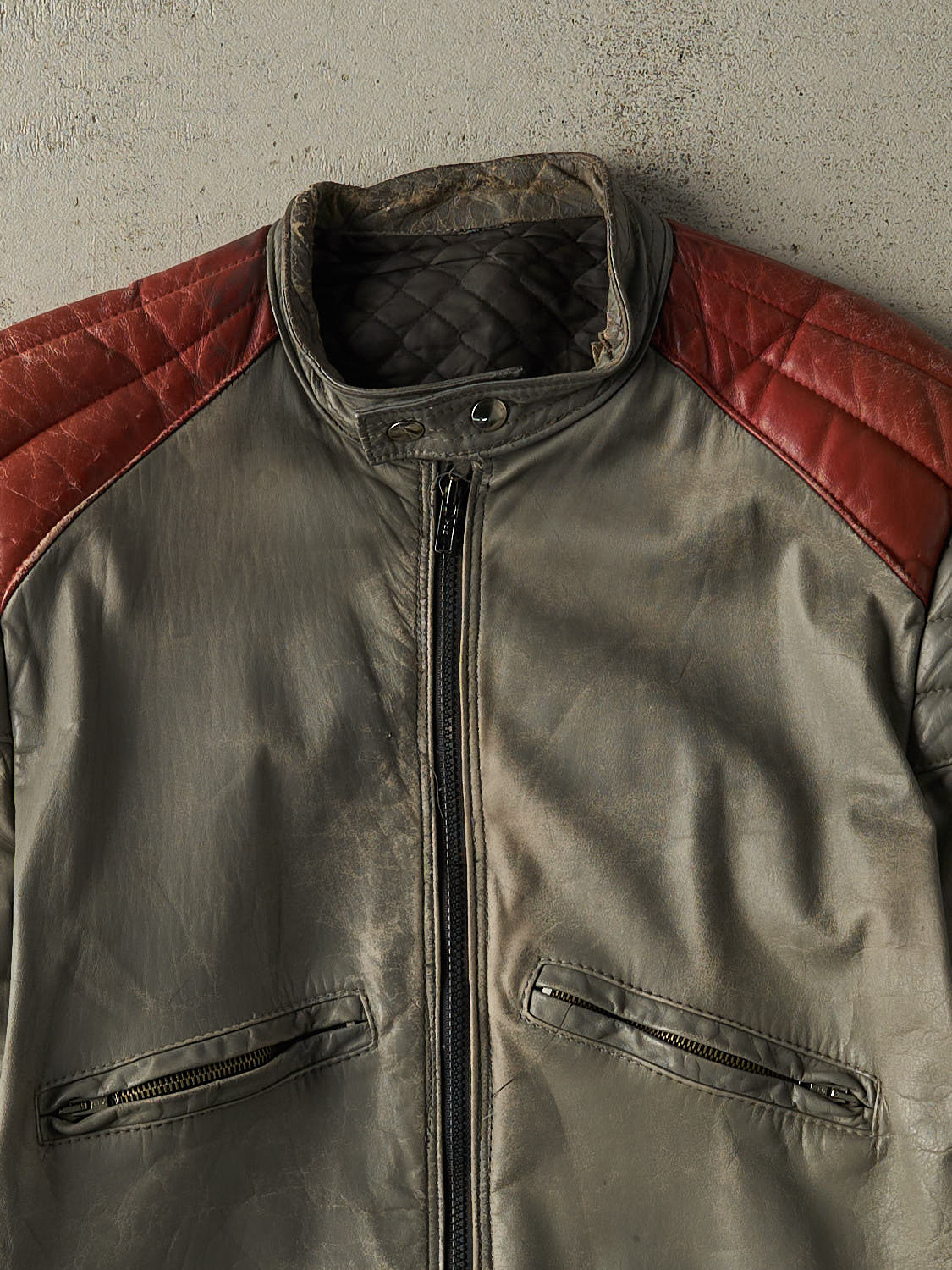 Vintage 80s Grey & Red Leather Biker Jacket (S/M)