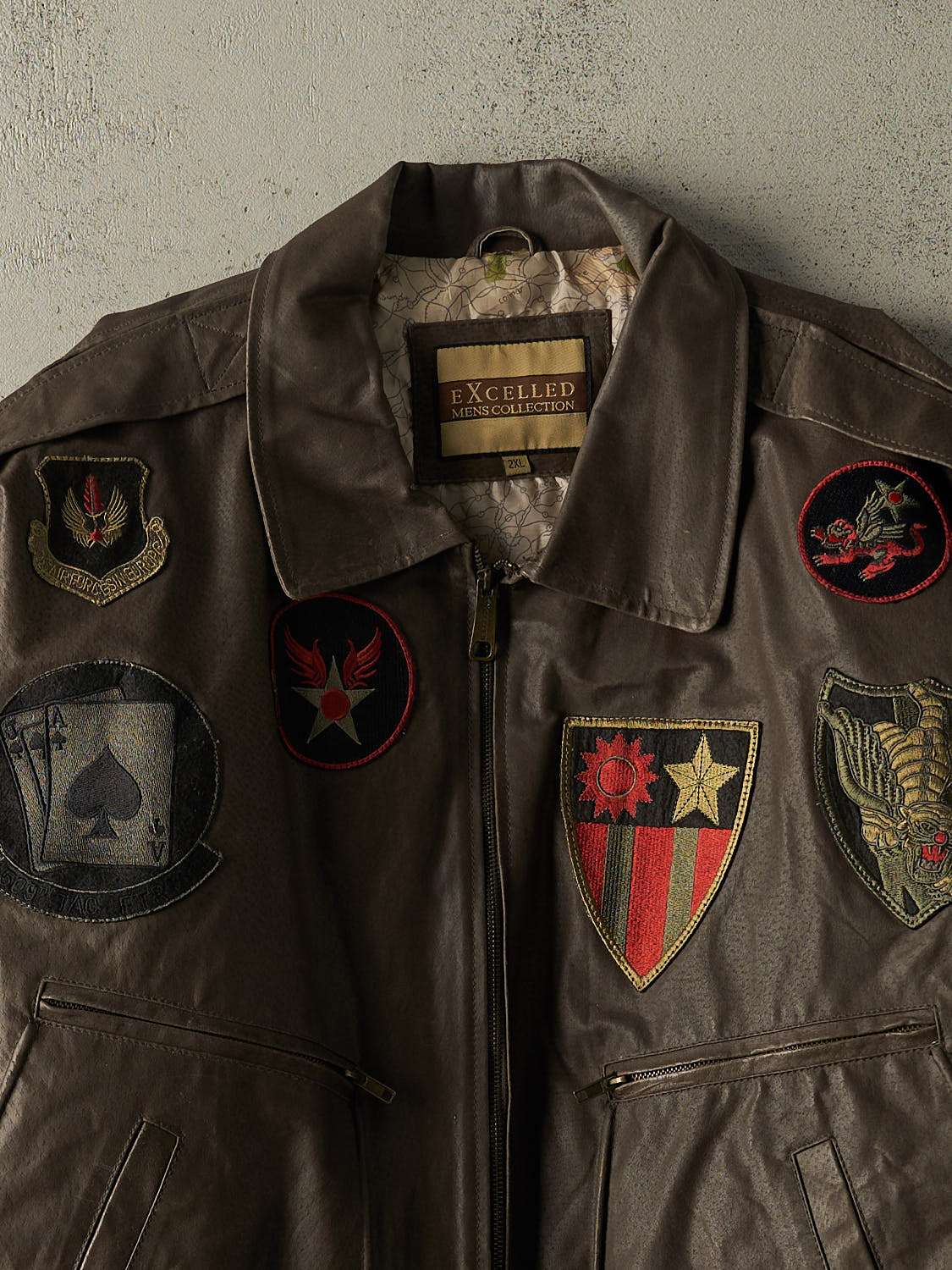 Vintage Y2K Brown Patched Leather Flight Jacket (XXL)