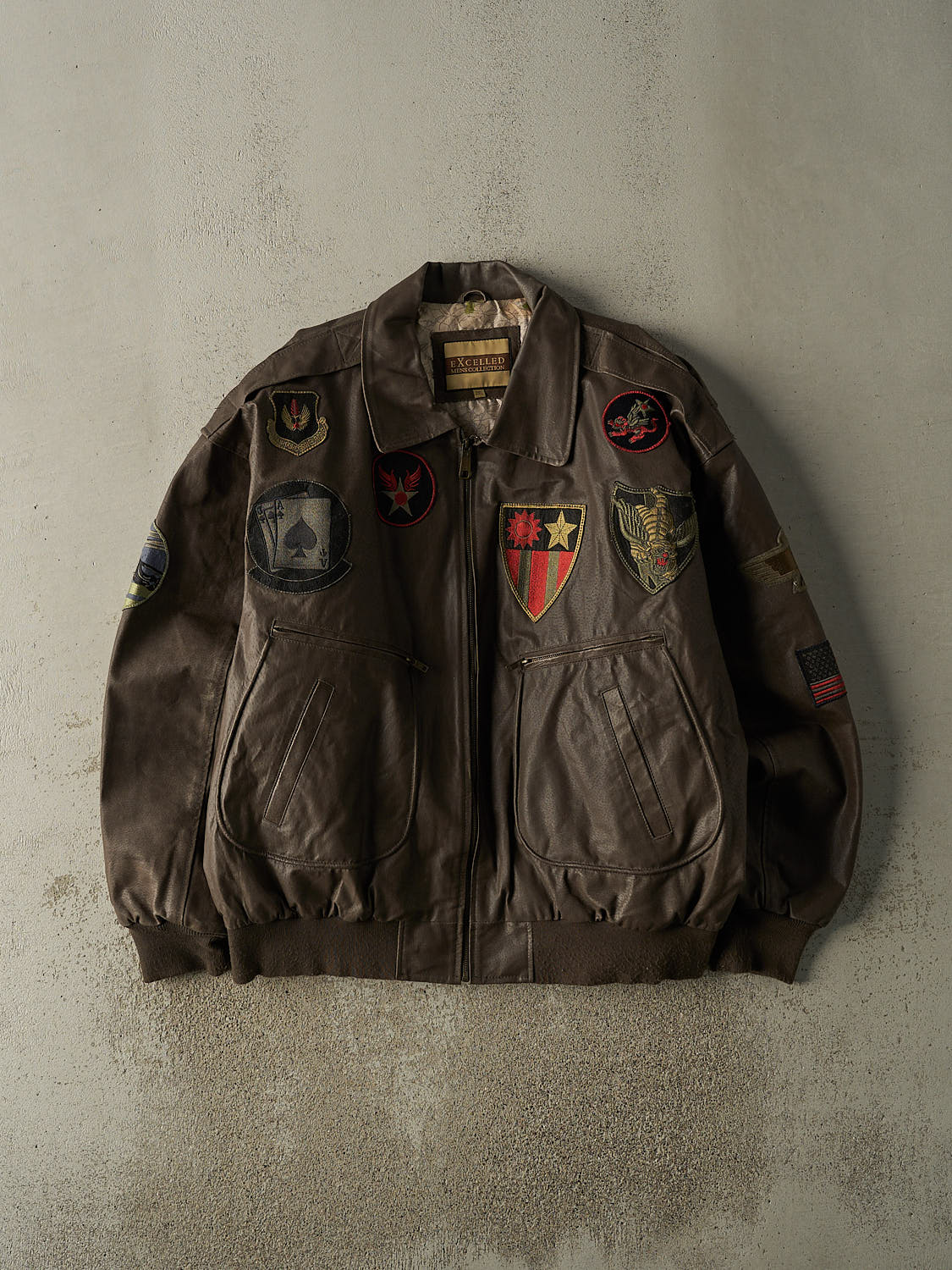 Vintage Y2K Brown Patched Leather Flight Jacket (XXL)