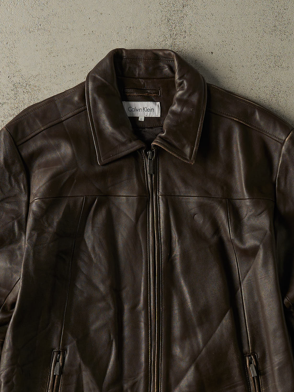 Vintage Y2K Brown Calvin Klein Leather Jacket (L/XL)