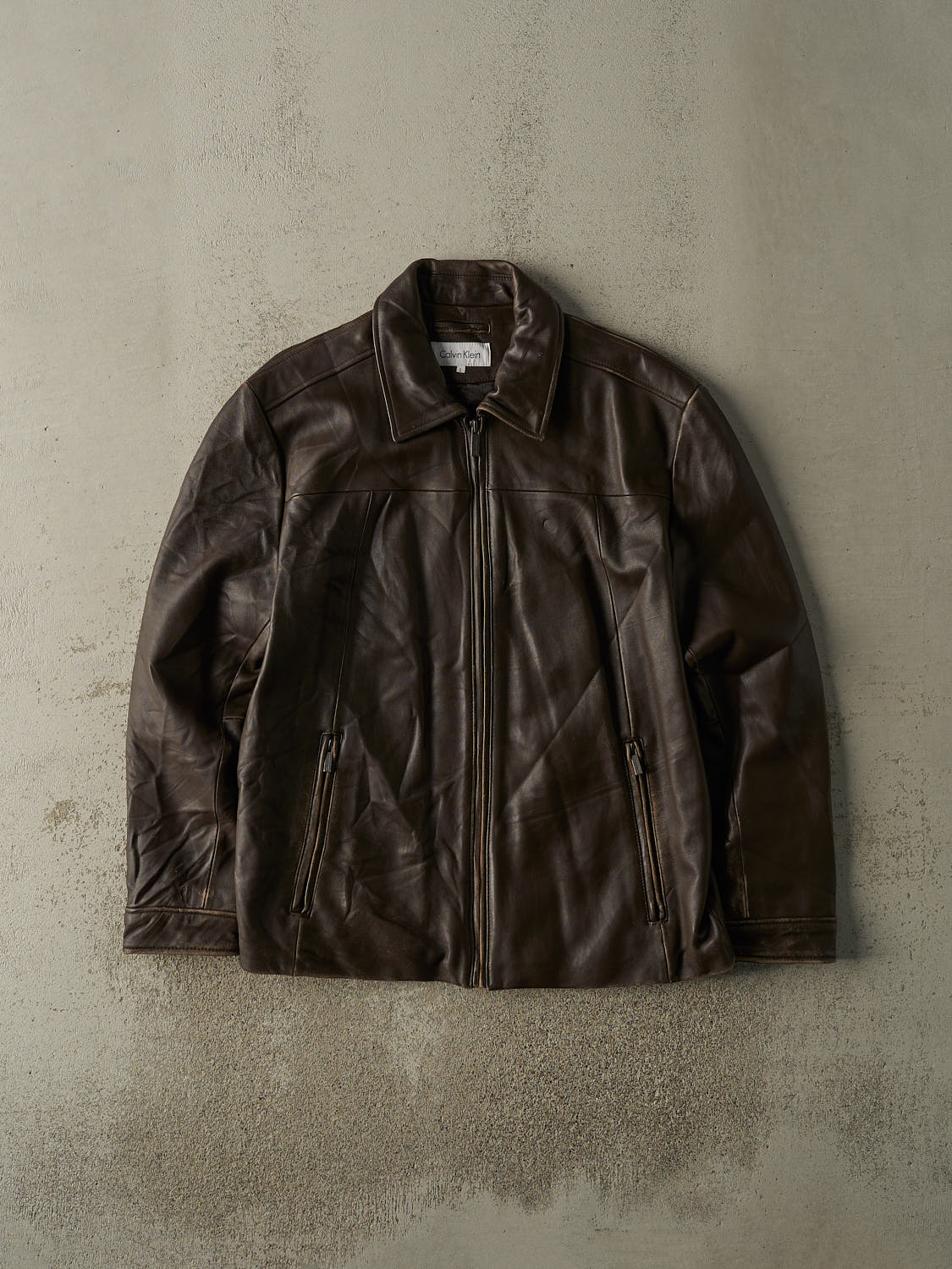 Vintage Y2K Brown Calvin Klein Leather Jacket (L/XL)