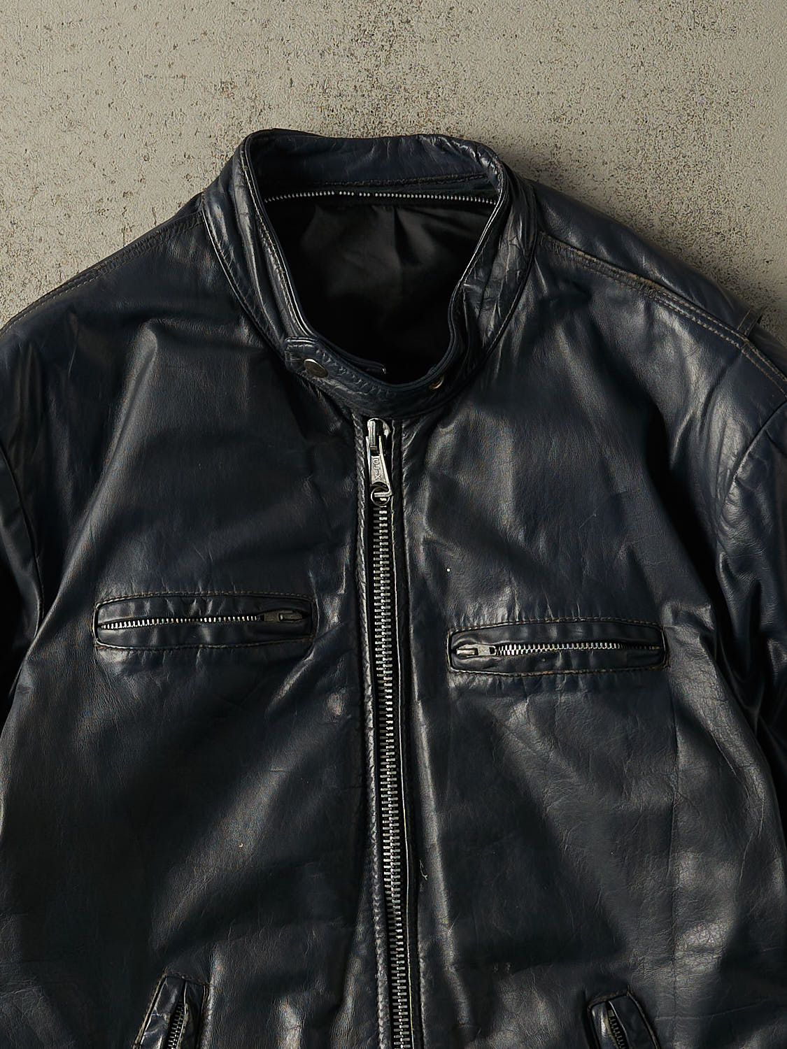 Vintage 80s Navy Blue Biker Leather Jacket (M/L)