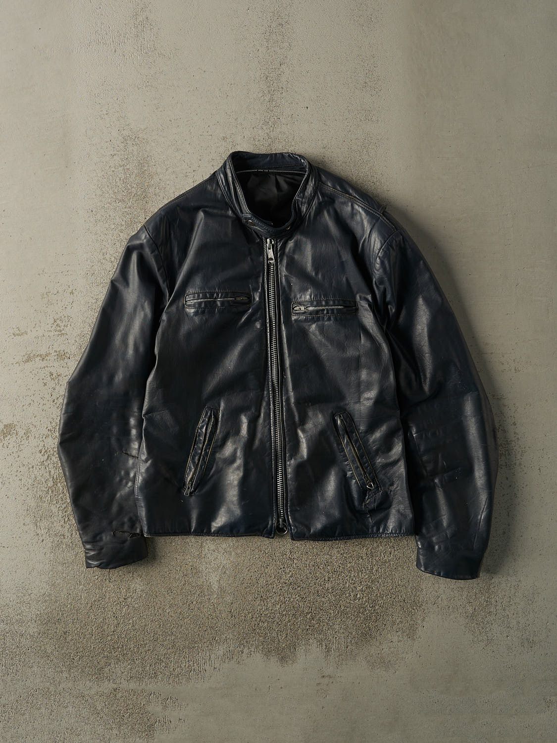 Vintage 80s Navy Blue Biker Leather Jacket (M/L)