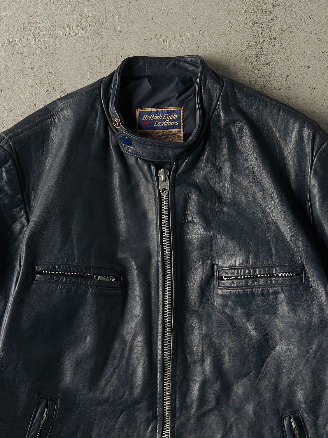 Vintage 70s Navy Blue Leather Biker Jacket (M/L)