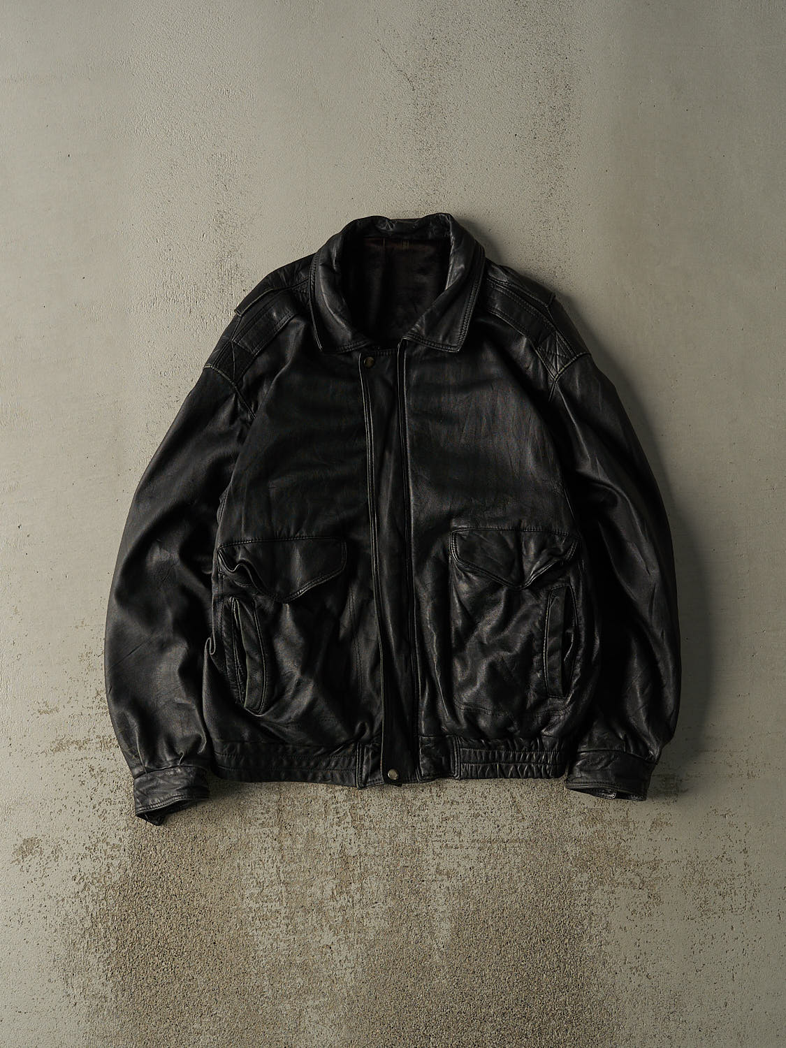 Vintage 80s Black Leather Aviator Jacket (XL)