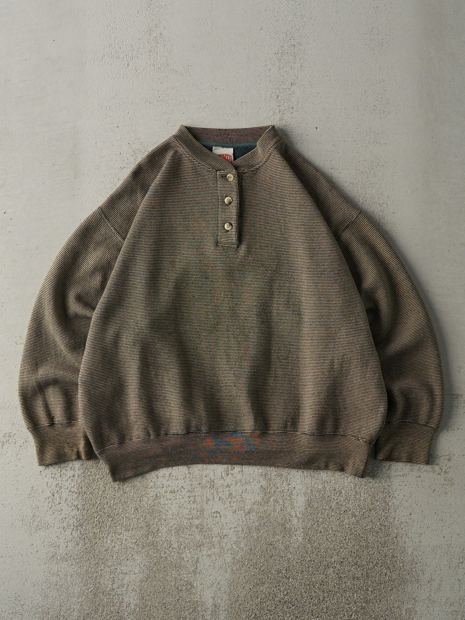 Vintage 90s Green Quarter Button Textured Boxy Crewneck (L)