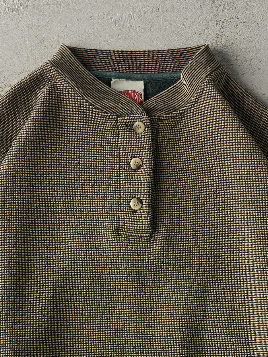 Vintage 90s Green Quarter Button Textured Boxy Crewneck (L)