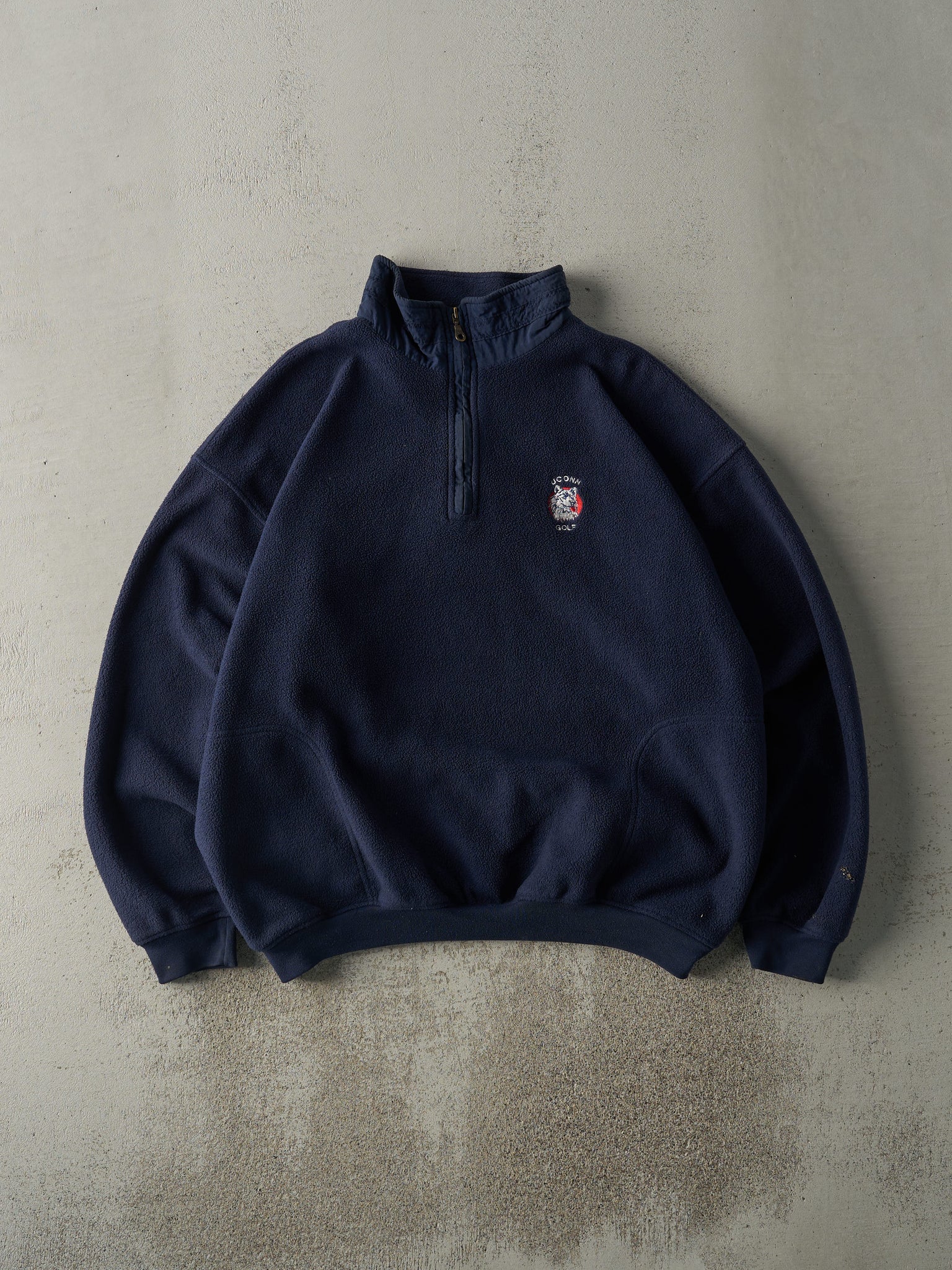 Vintage 90s Navy Blue Embroidered UConn Fleece Quarter Zip (XL)