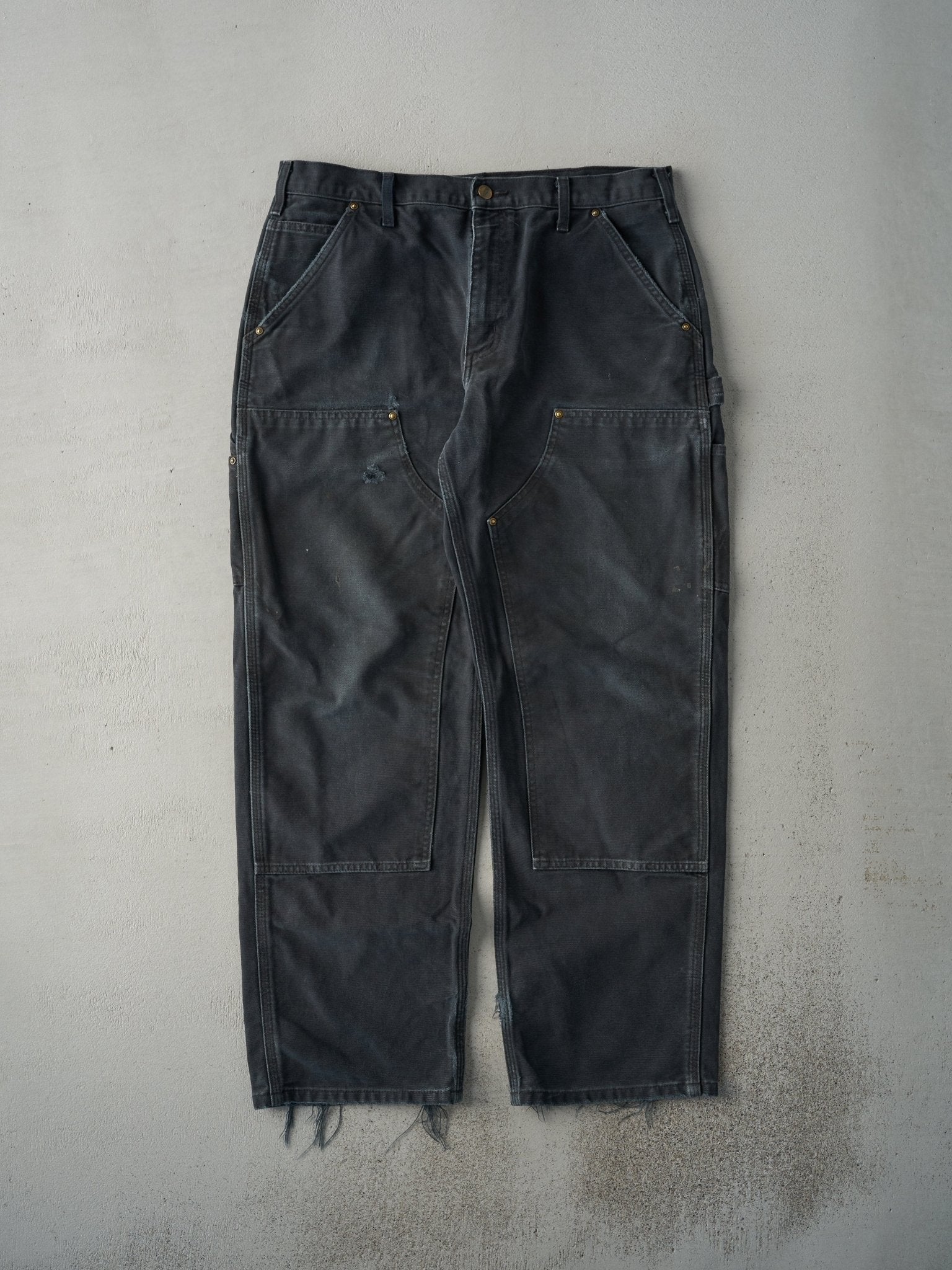 Vintage Y2K Faded Black Dungaree Fit Carhartt Double Knee Carpenter Pants (35x29)