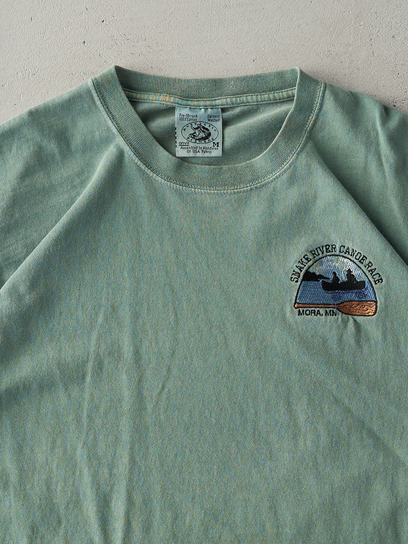 Vintage 90s Faded Green Snake River Canoe Race Mora, Minnesota Embroidered Tee (M)