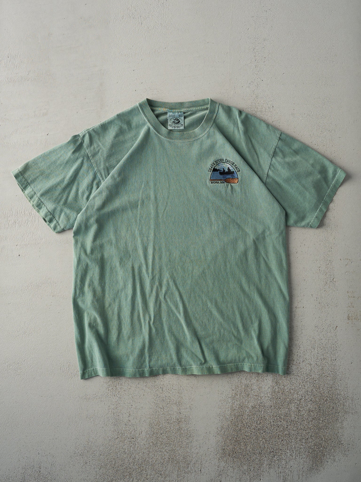 Vintage 90s Faded Green Snake River Canoe Race Mora, Minnesota Embroidered Tee (M)