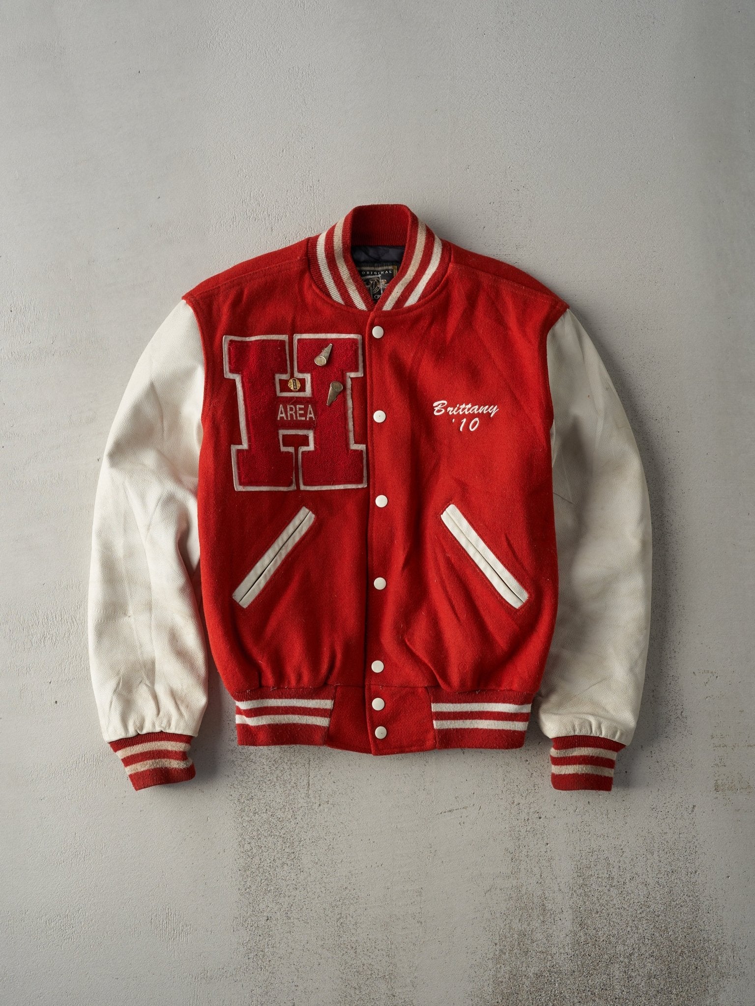Vintage Y2K Red and White Hamburg Cheerleading Letterman Jacket (S/M)