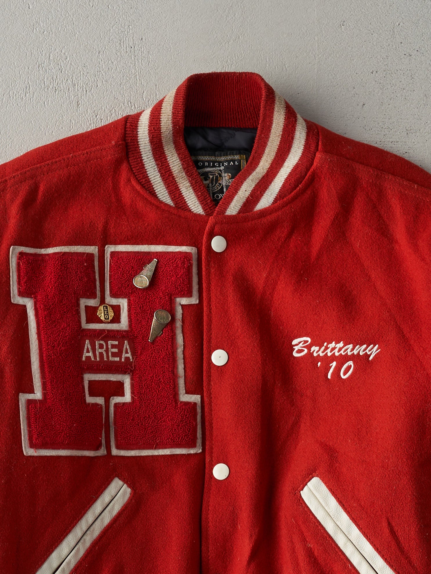 Vintage Y2K Red and White Hamburg Cheerleading Letterman Jacket (S/M)