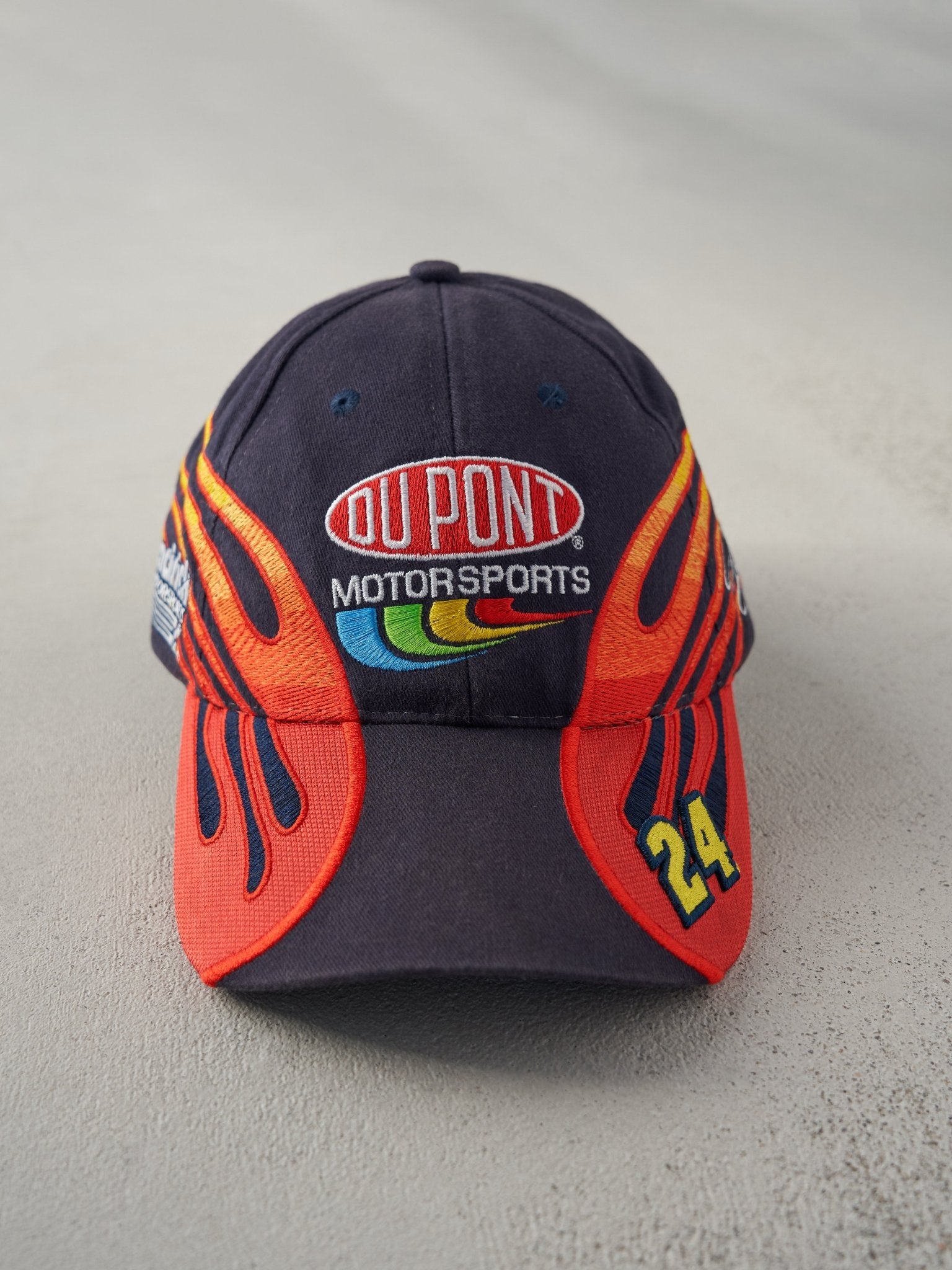 Vintage 02' Navy Du Pont Jeff Gordon Nascar Flames Embroidered Velcro Hat