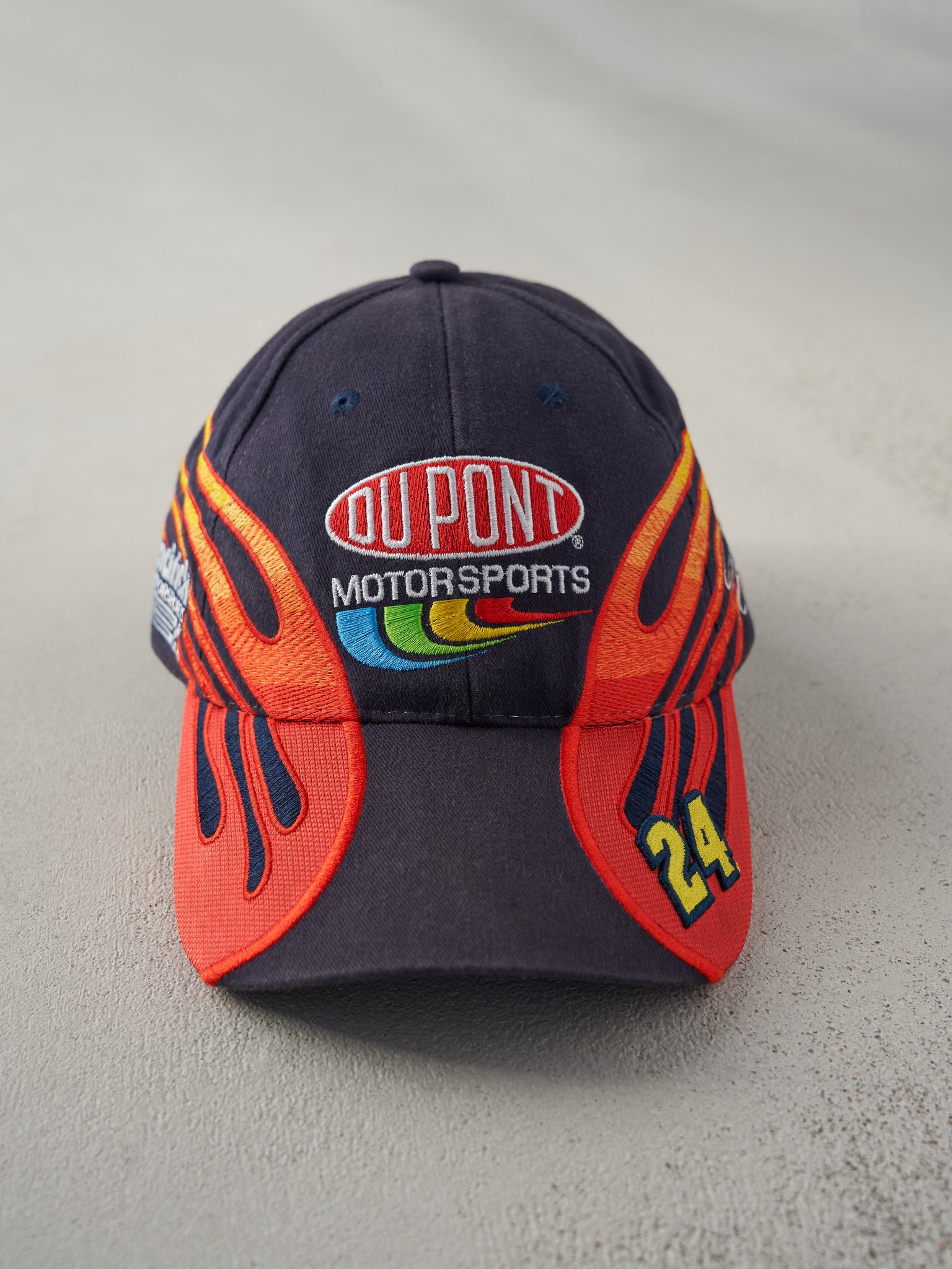 Vintage 02' Navy Du Pont Jeff Gordon Nascar Flames Embroidered Velcro Back Hat