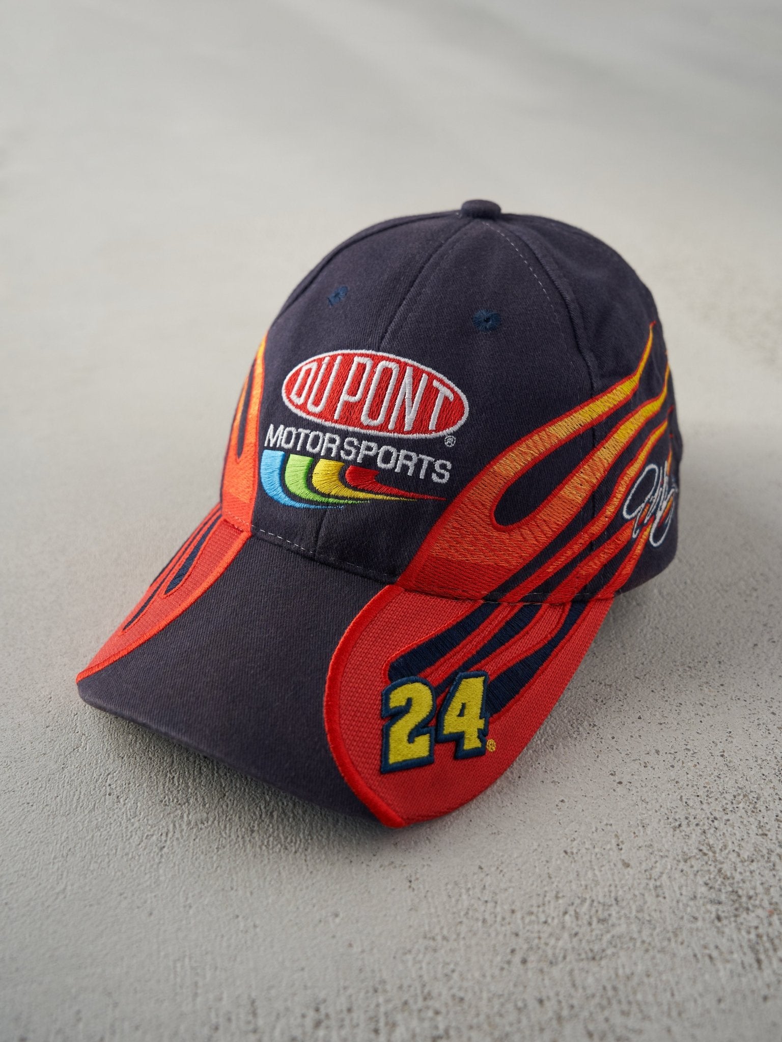 Vintage 02' Navy Du Pont Jeff Gordon Nascar Flames Embroidered Velcro Hat