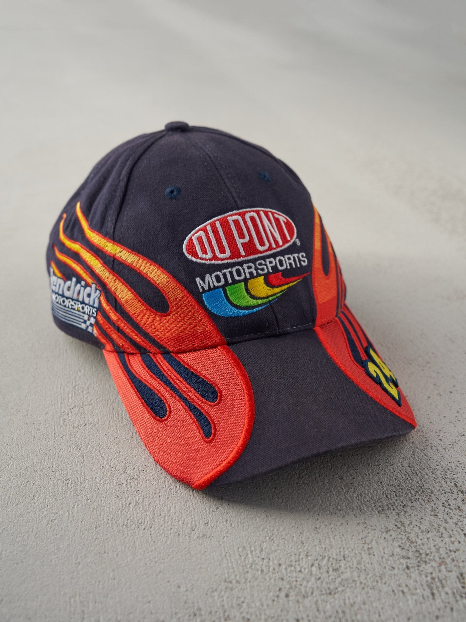 Vintage 02' Navy Du Pont Jeff Gordon Nascar Flames Embroidered Velcro Hat