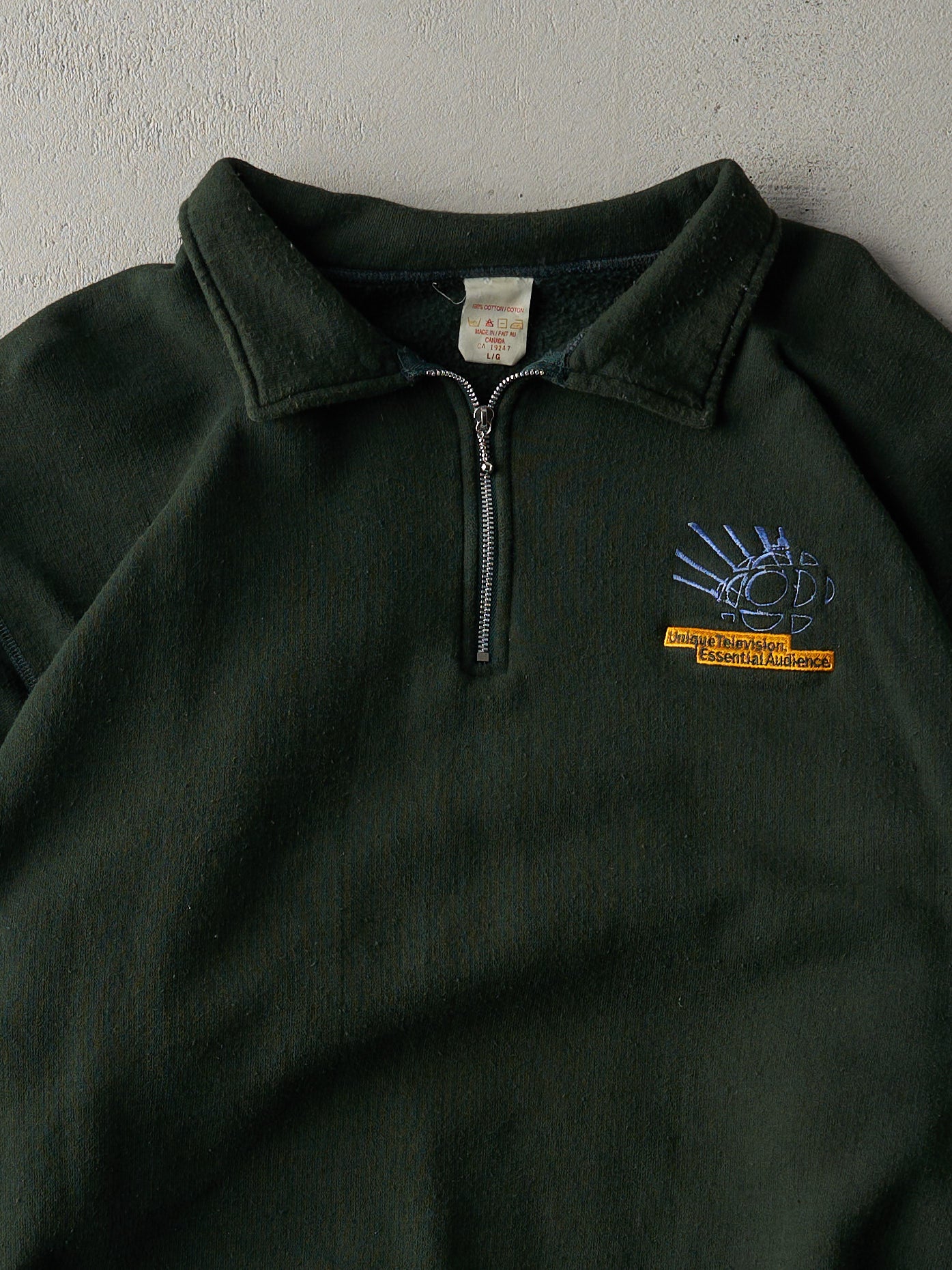 Vintage 90s Forest Green Embroidered Logo Quarter Zip Crewneck (L)