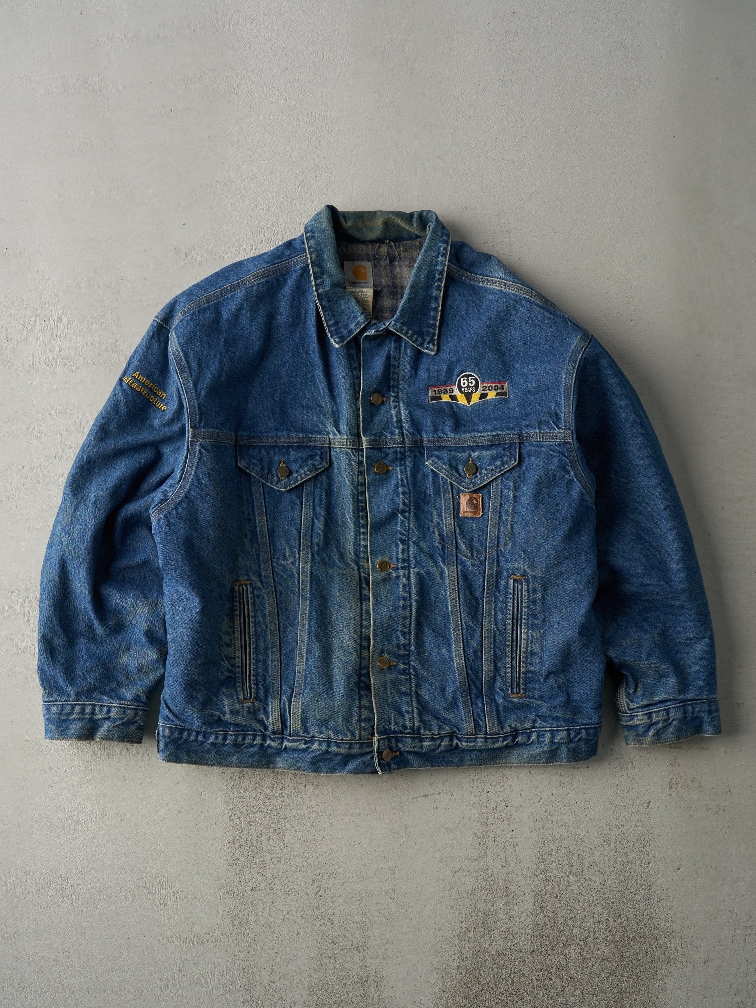 Vintage 04' Dark Wash Embroidered Carhartt Blanket Lined Denim Jacket (L/XL)