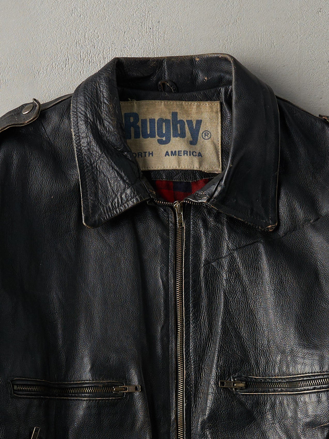 Vintage 80s Black Rugby Flannel Lined Leather Jacket (L)