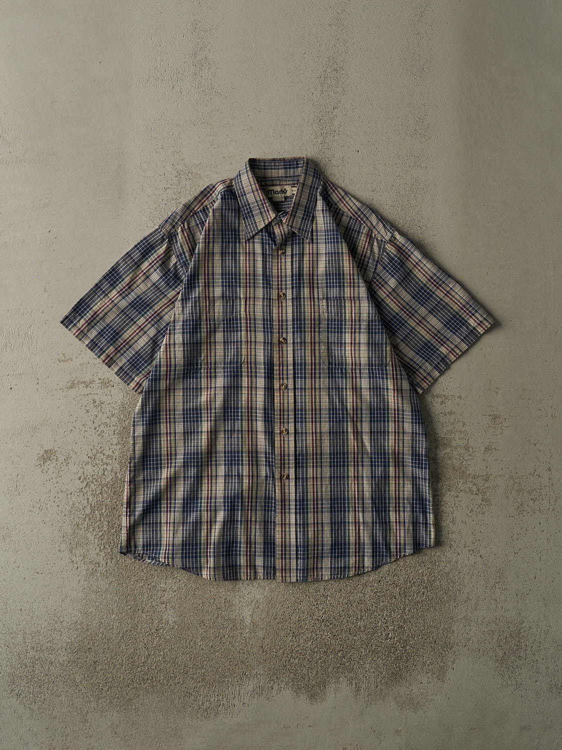 Vintage 90s Blue Plaid Marks Short Sleeve Button Up (XL)
