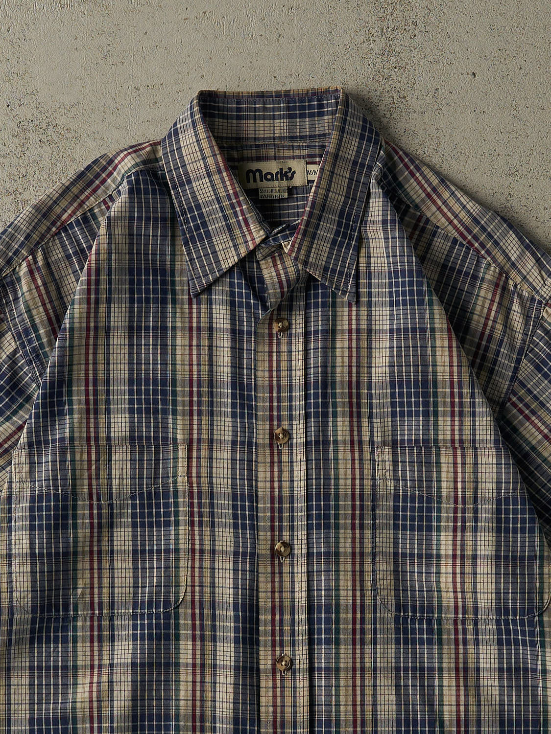 Vintage 90s Blue Plaid Marks Short Sleeve Button Up (XL)