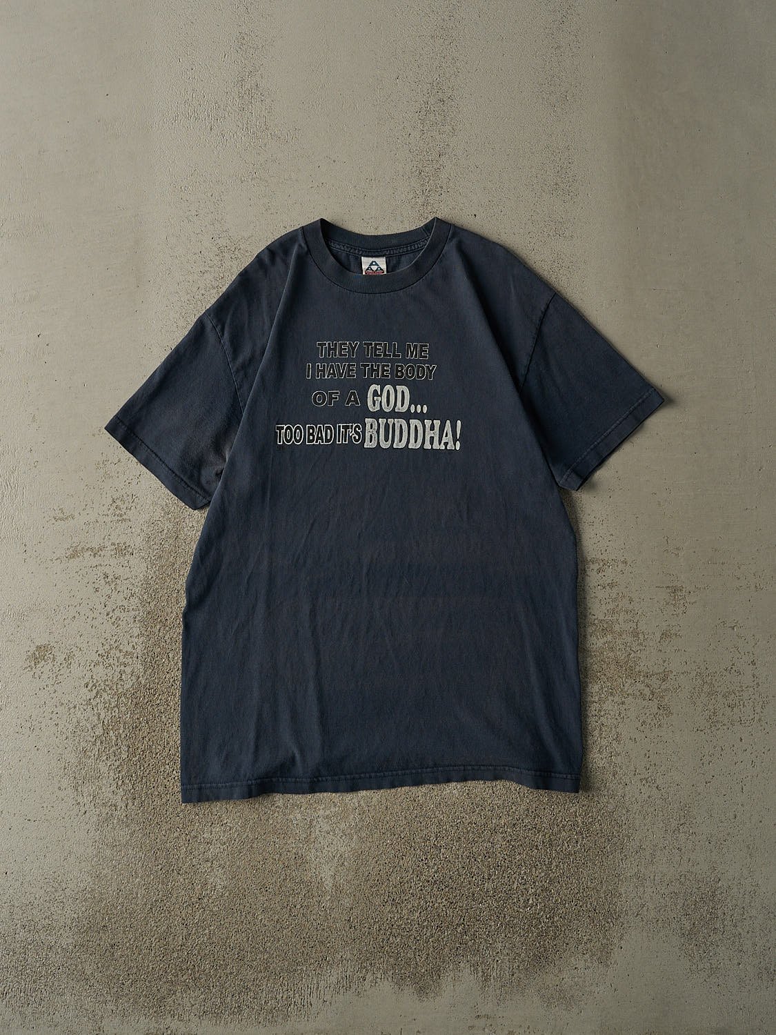 Vintage Y2K Faded Navy Blue "Buddha" Slogan Tee (L/XL)