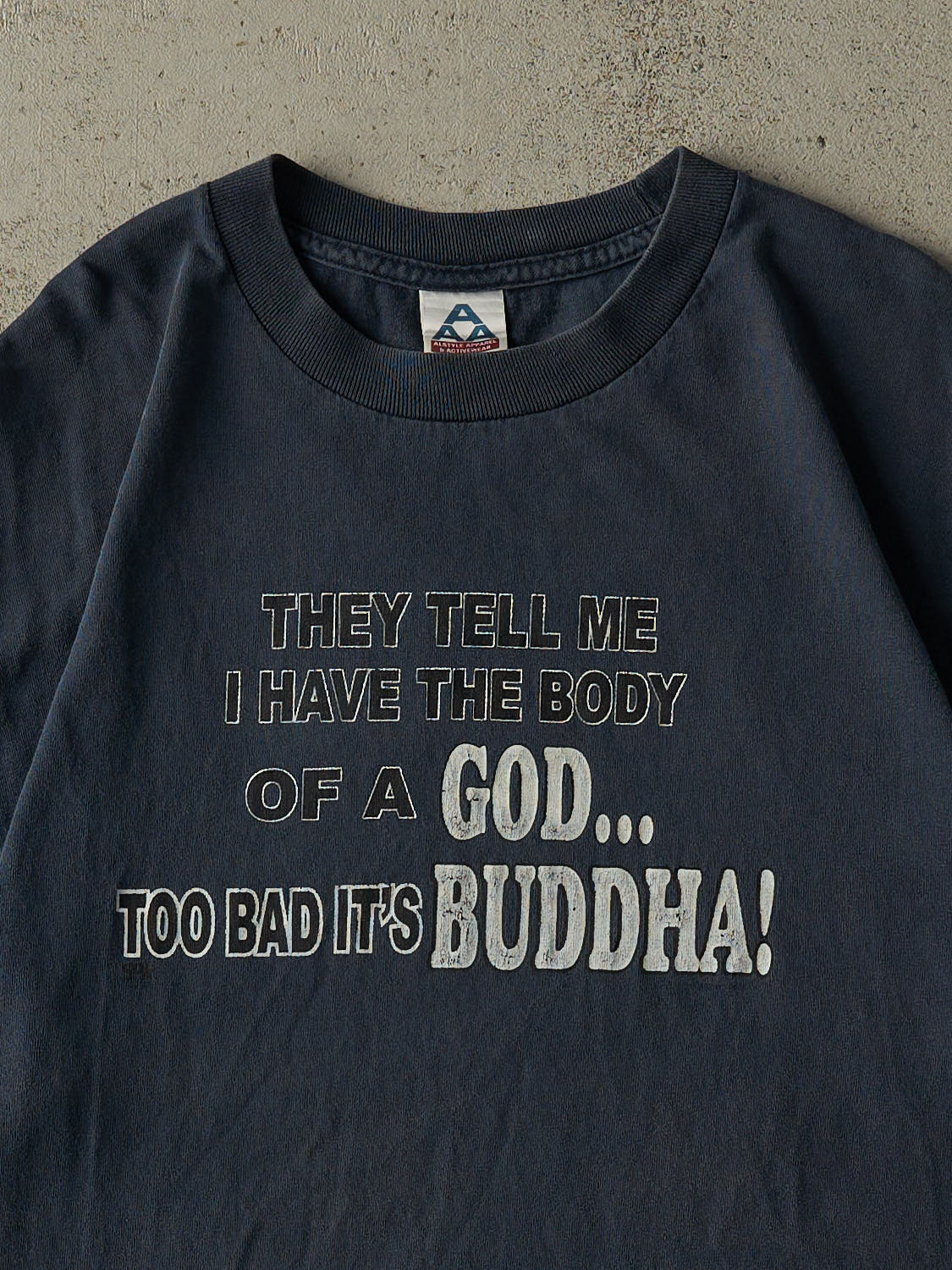 Vintage Y2K Faded Navy Blue "Buddha" Slogan Tee (L/XL)