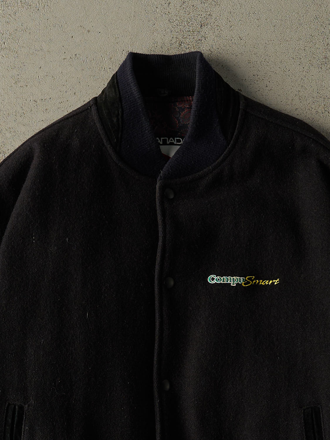 Vintage 90s Black Wool Suede Embroidered Varsity Jacket (L/XL)