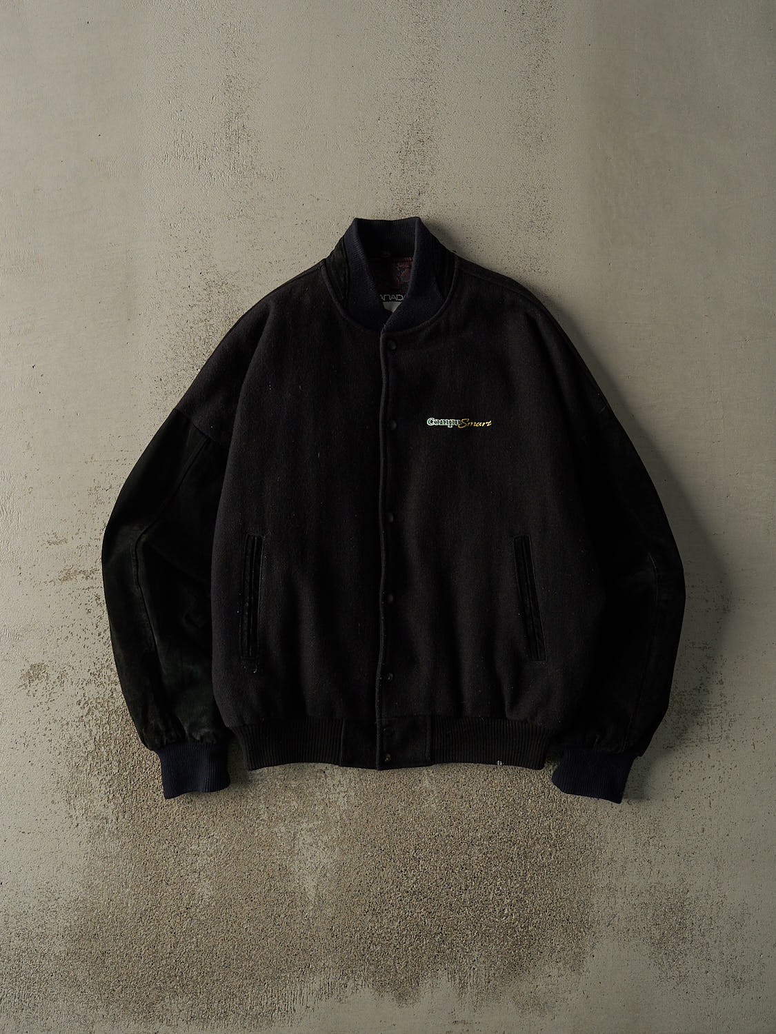 Vintage 90s Black Wool Suede Embroidered Varsity Jacket (L/XL)