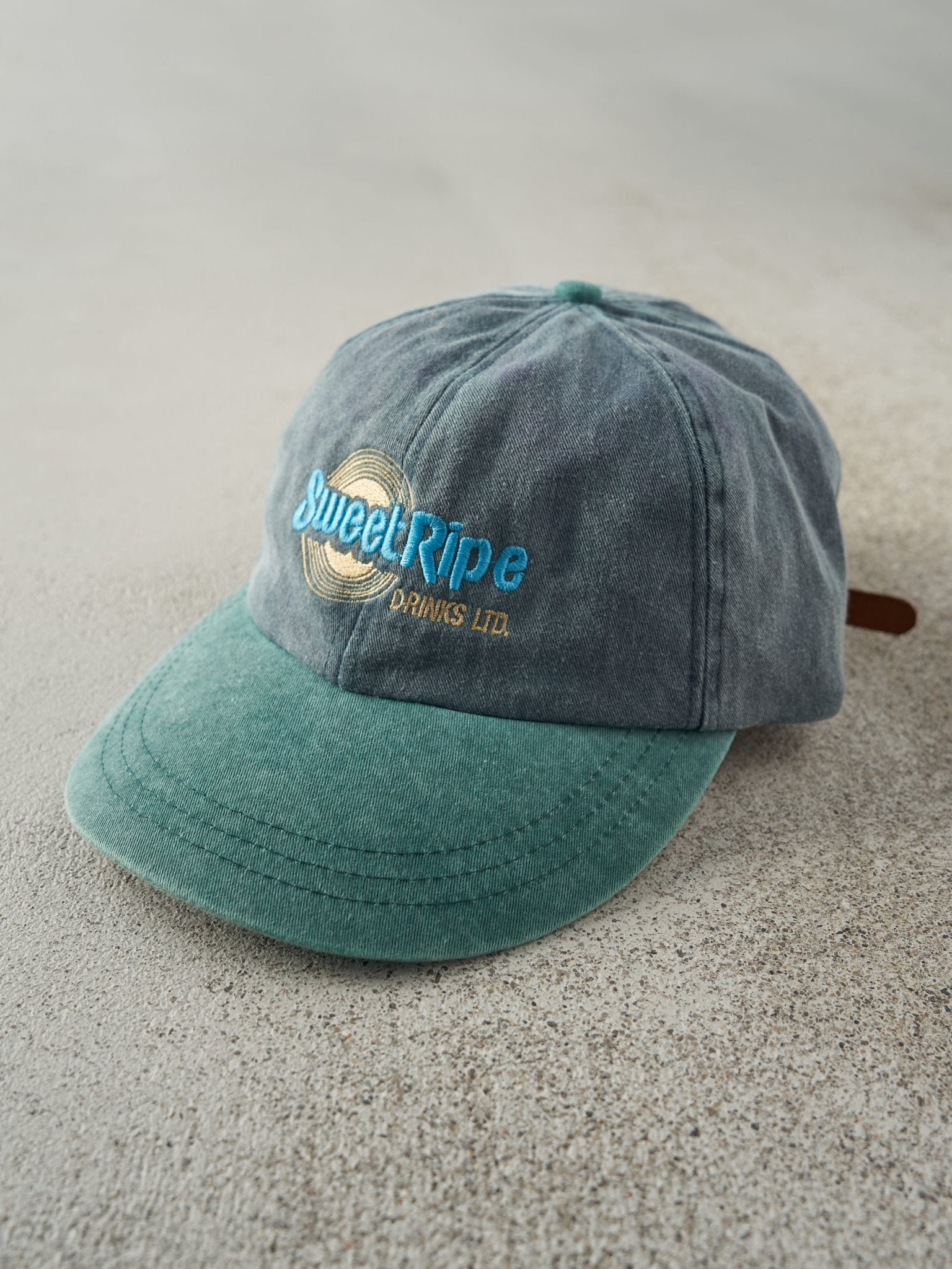 Vintage 90s Blue & Green Sweet Ripe Drinks Leather Strapback