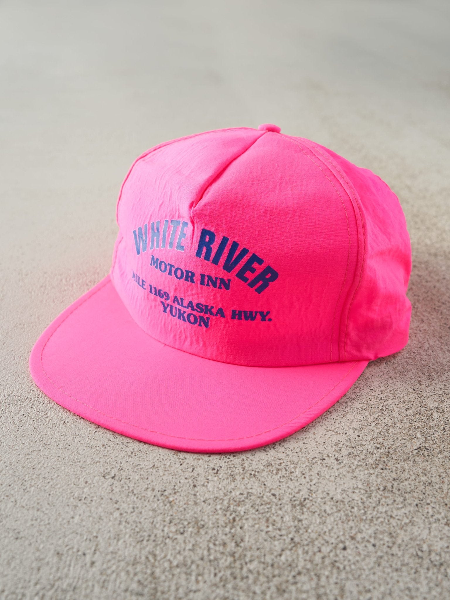 Vintage 80s Neon Pink White River Motor Inn Yukon Nylon Snapback