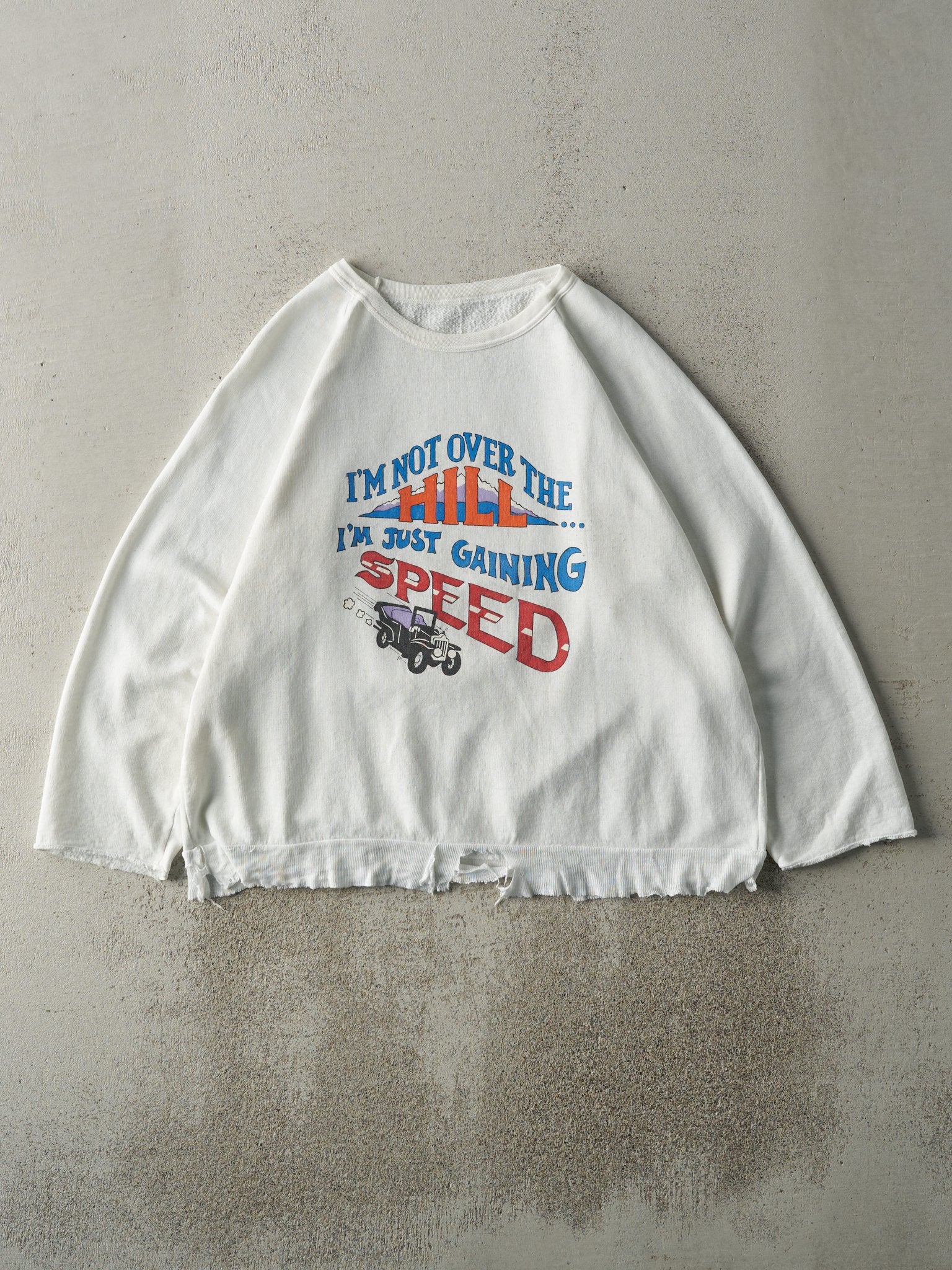 Vintage 80s White "I'm Not Over The Hill" Slogan Crewneck (L)