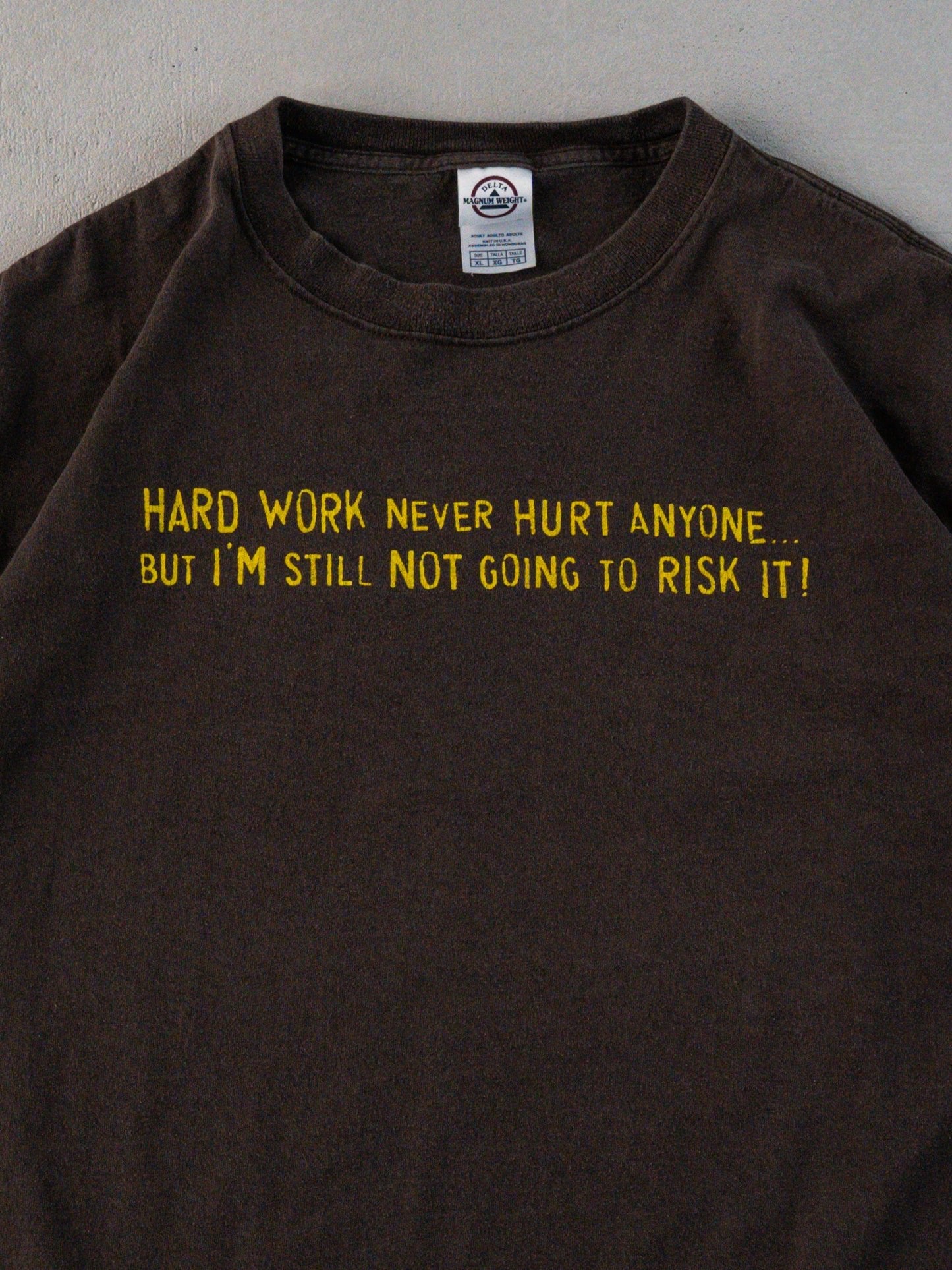 Vintage Y2K Brown "Hard work never hurt anyone" Tee (L)