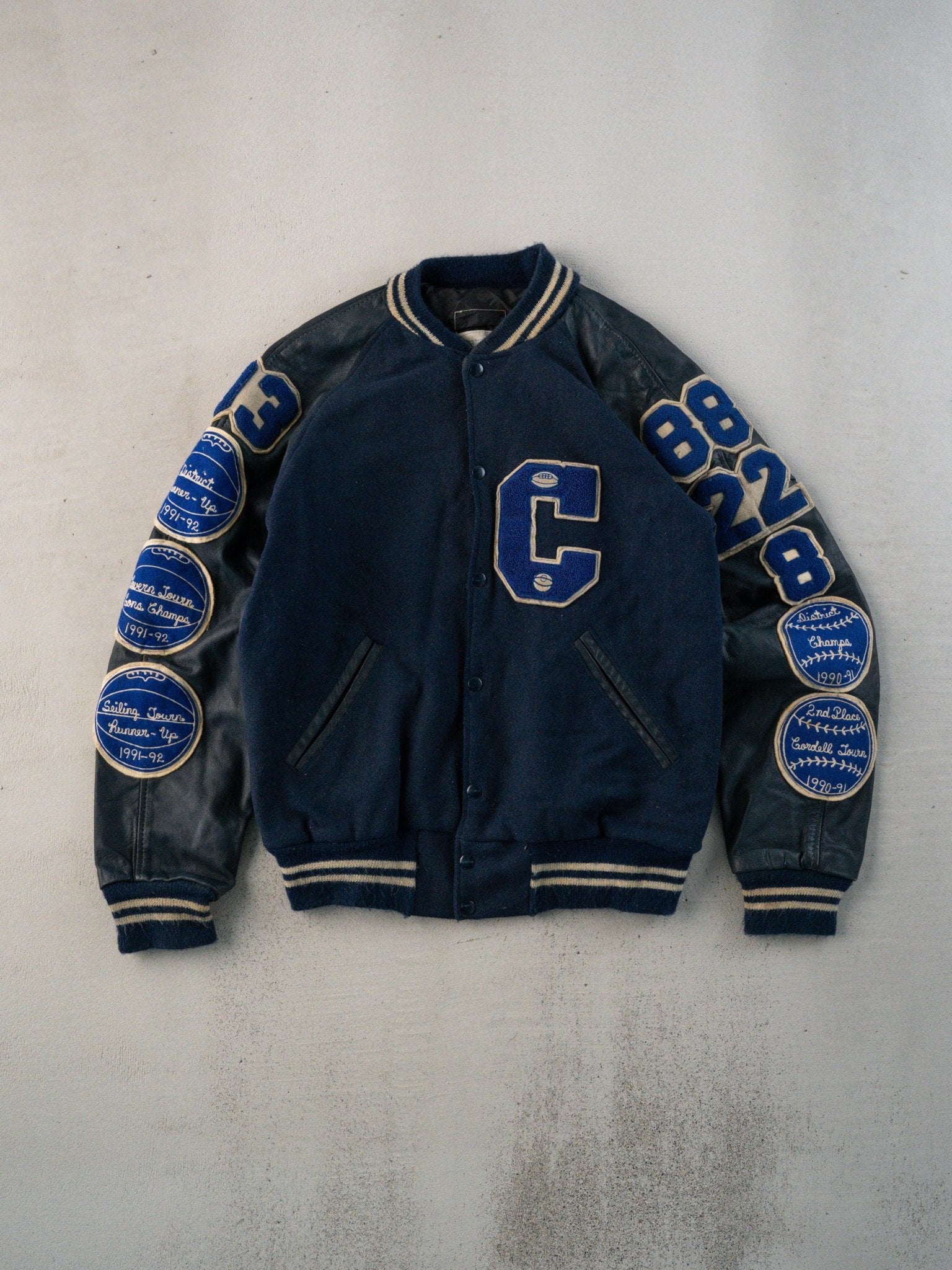 Vintage 93' Navy Chain-stitched Sports Varsity Jacket (M)