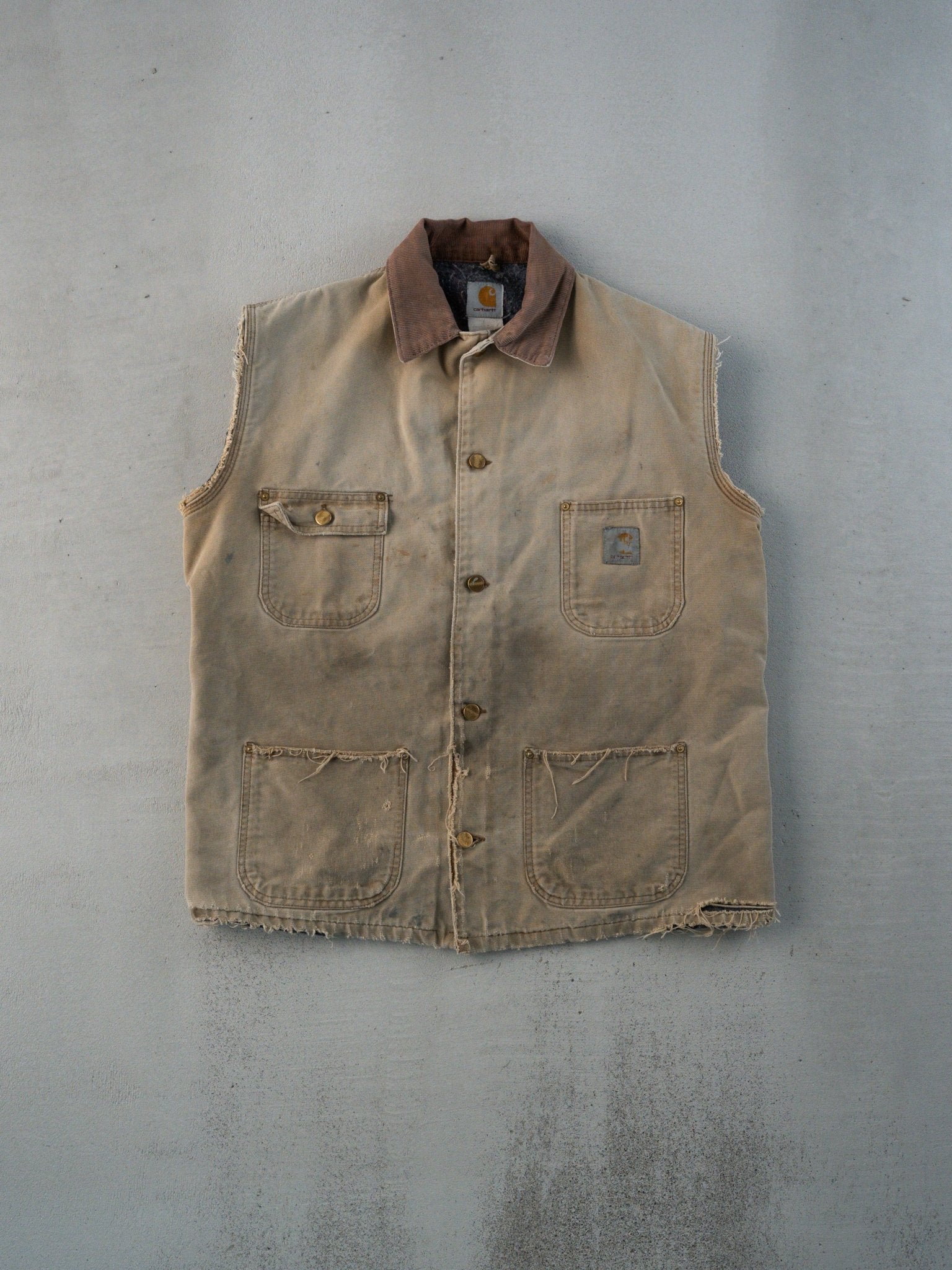 Vintage 90s Rugged Beige + Brown Carhartt Blanket Lined Chore Vest (M)