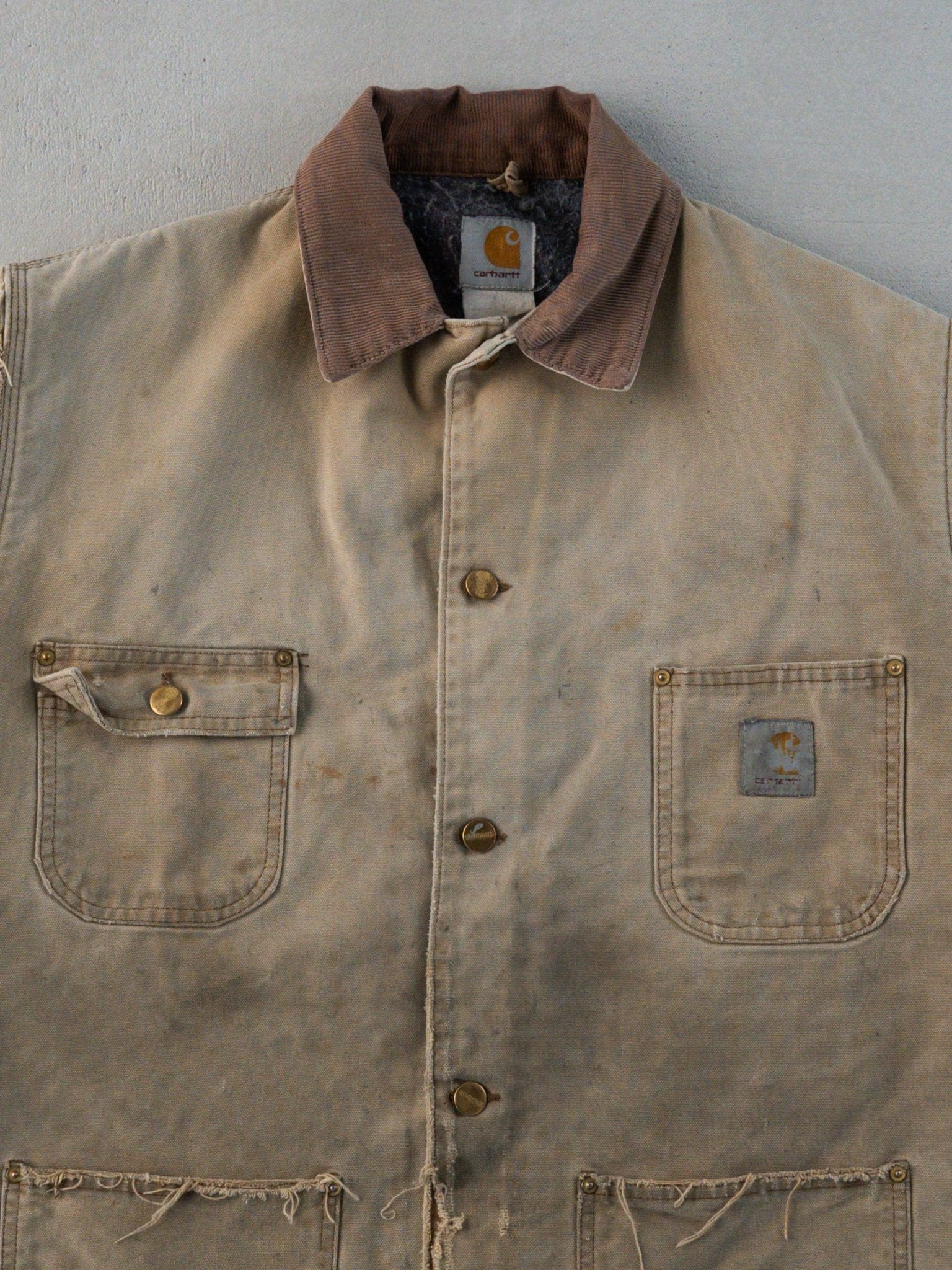 Vintage 90s Rugged Beige + Brown Carhartt Blanket Lined Chore Vest (M)