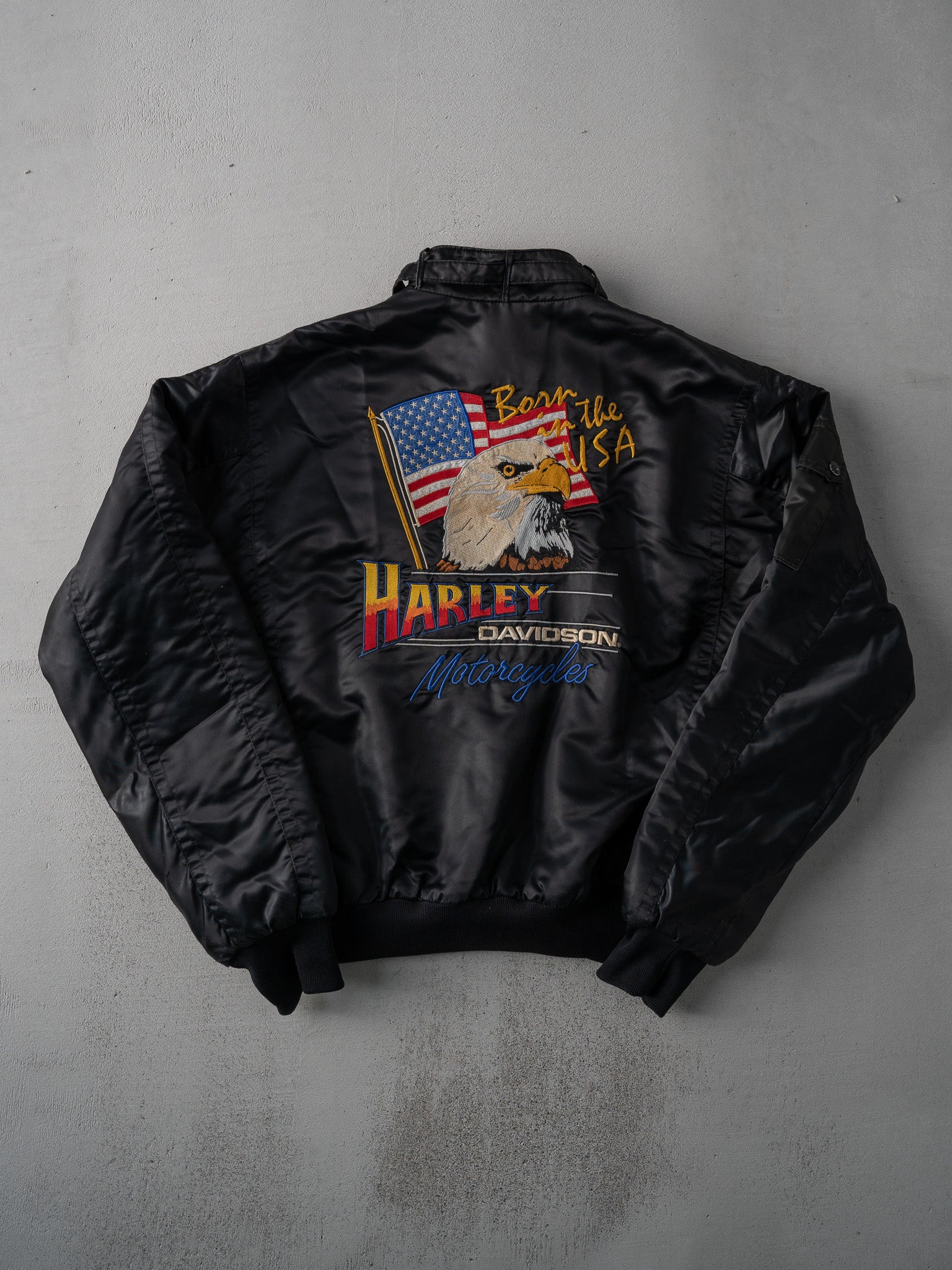 Vintage 80s Black Satin Born in the USA Harley Davidson Bomber (L)