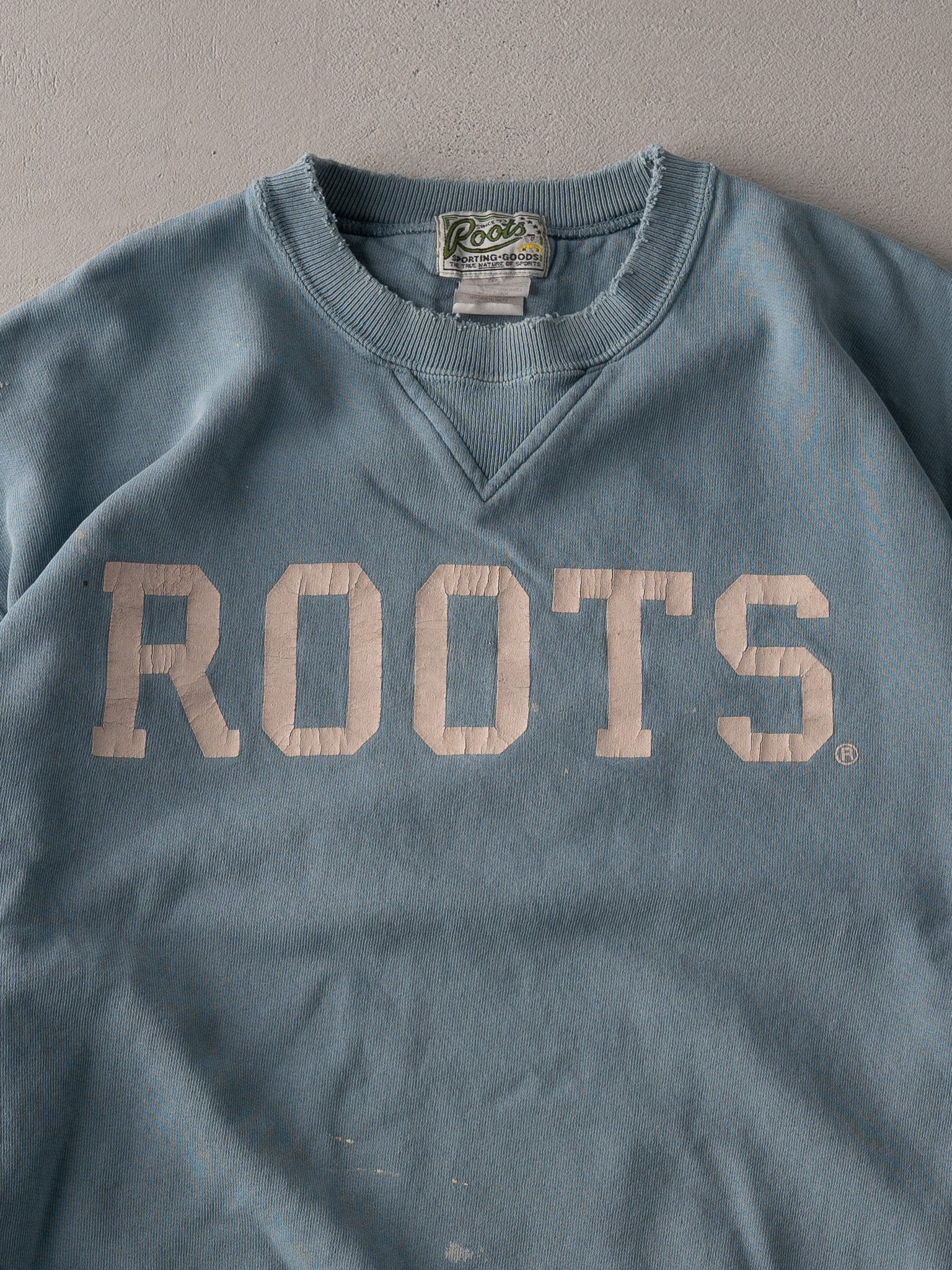 Vintage 90s Baby Blue Roots Spell Out Boxy Crewneck (L)