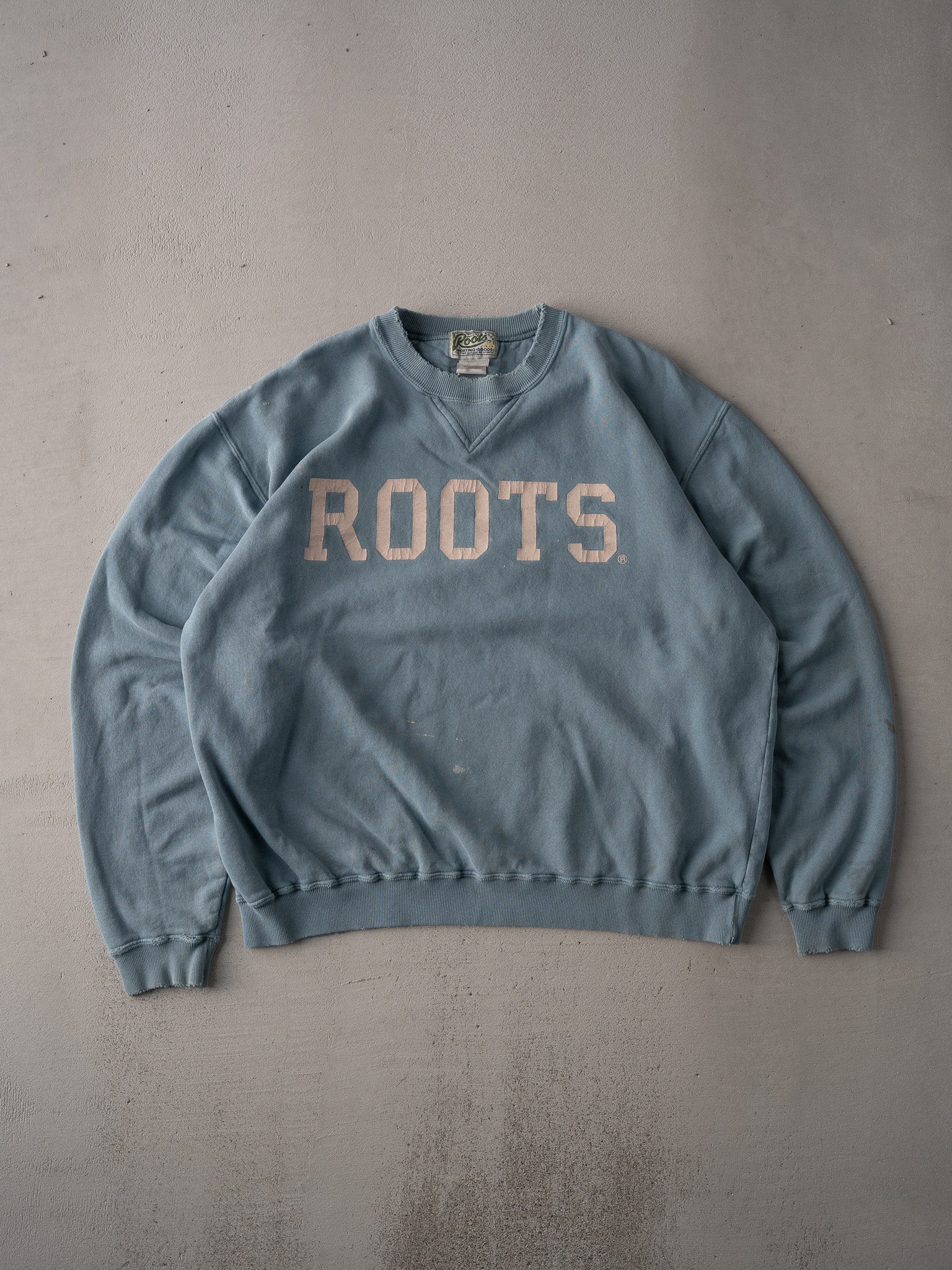 Vintage 90s Baby Blue Roots Spell Out Boxy Crewneck (L)