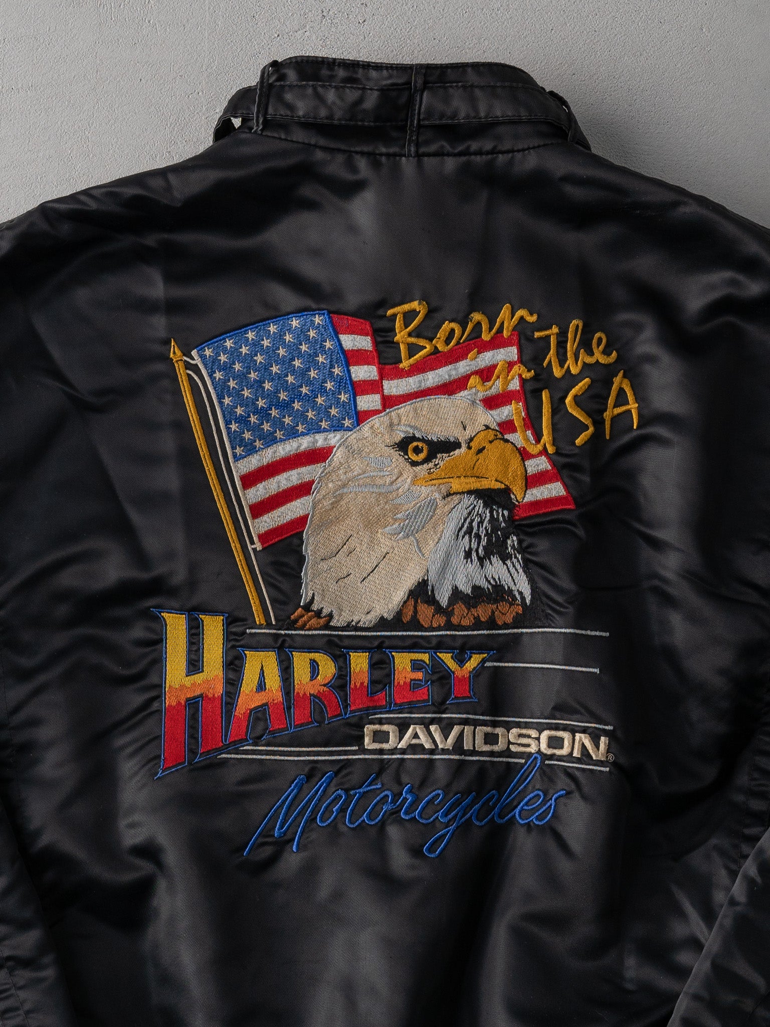 Vintage 80s Black Satin Born in the USA Harley Davidson Bomber (L)