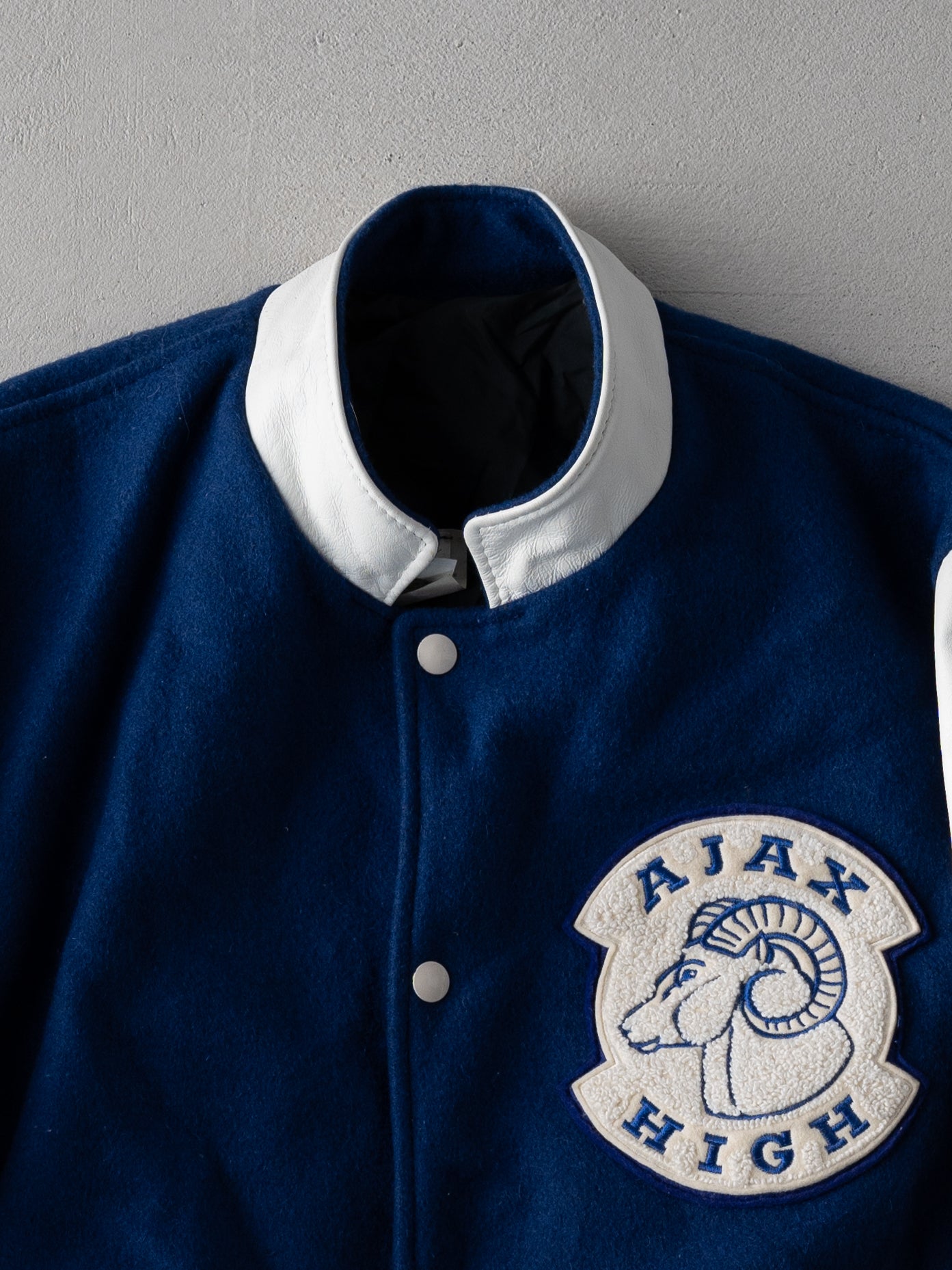 Vintage 86' Blue + White Ajax High Rams Varsity Jacket (M)