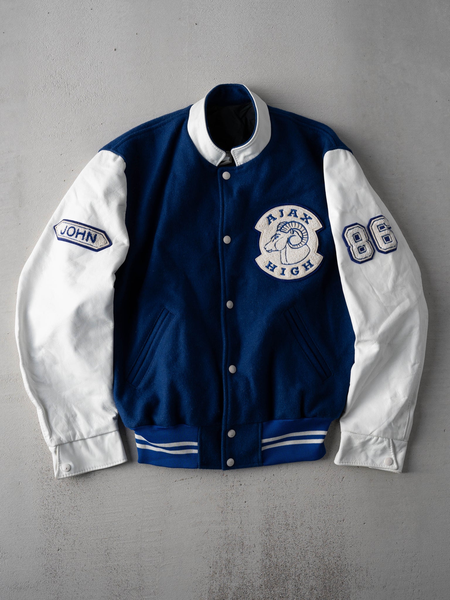 Vintage 86' Blue + White Ajax High Rams Varsity Jacket (M)