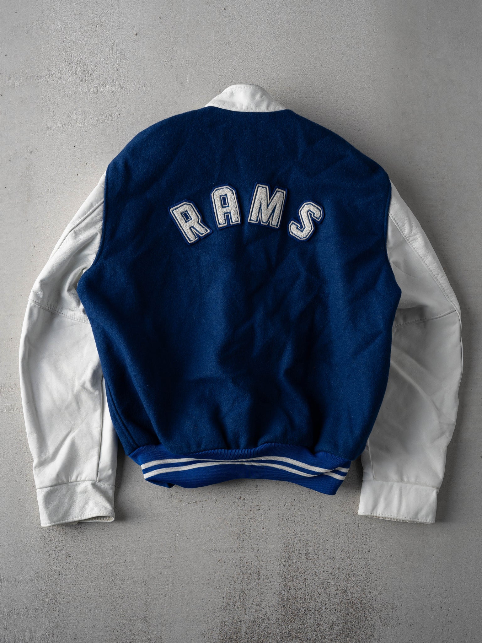 Vintage 86' Blue + White Ajax High Rams Varsity Jacket (M)