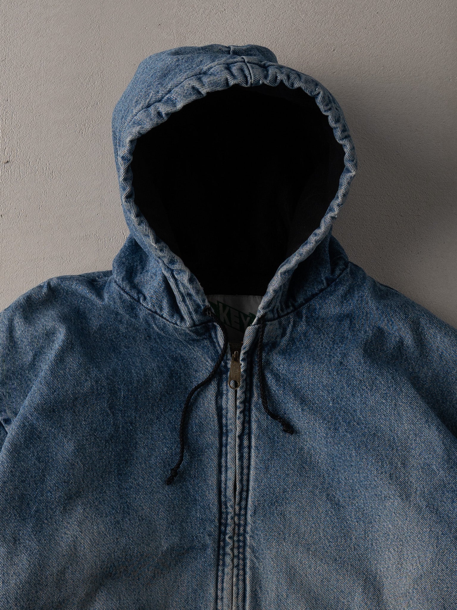 Vintage 90s Blue Denim Key Apparel Workwear Hooded Jacket (XXL)