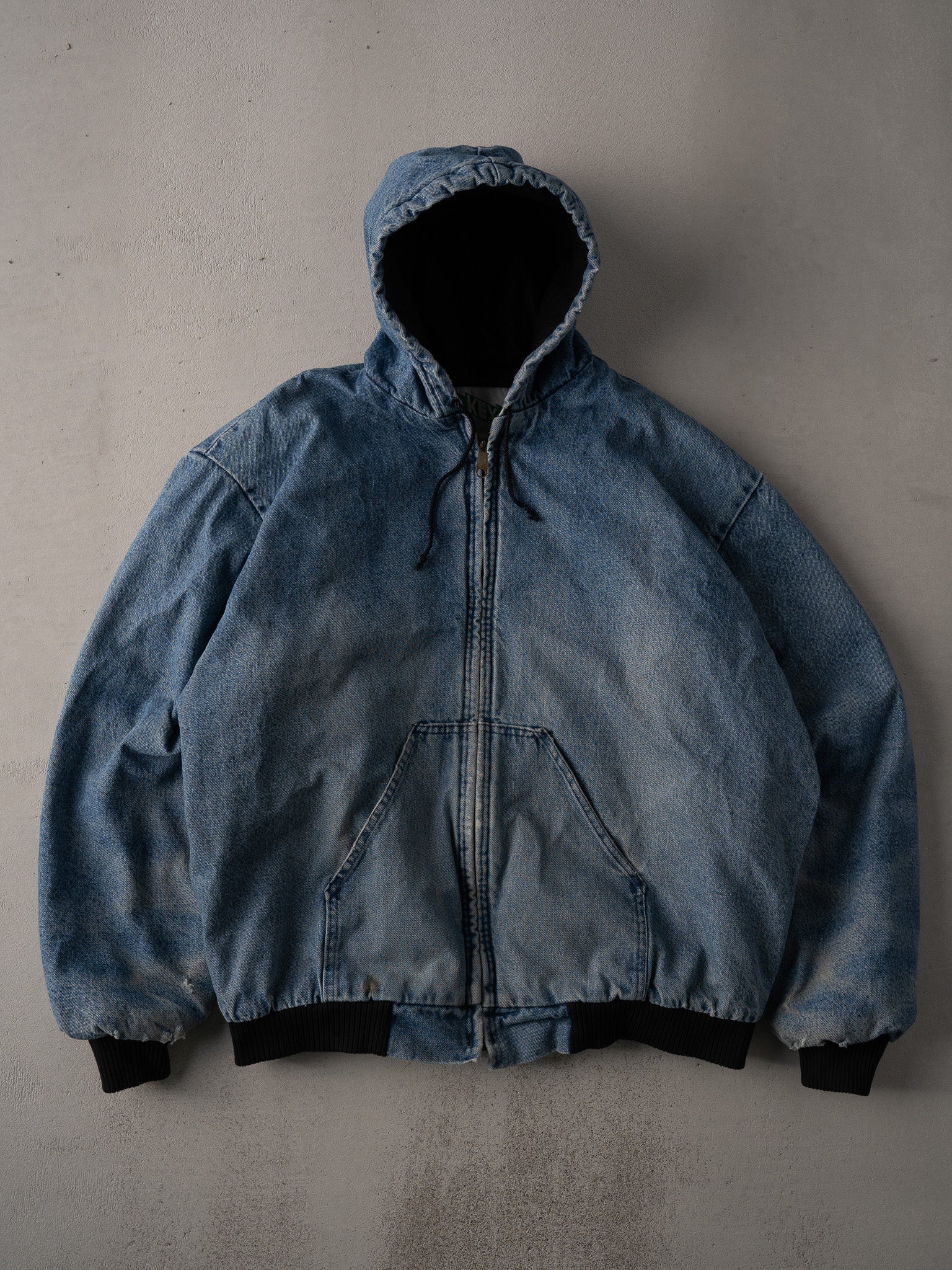 Vintage 90s Blue Denim Key Apparel Workwear Hooded Jacket (XXL)